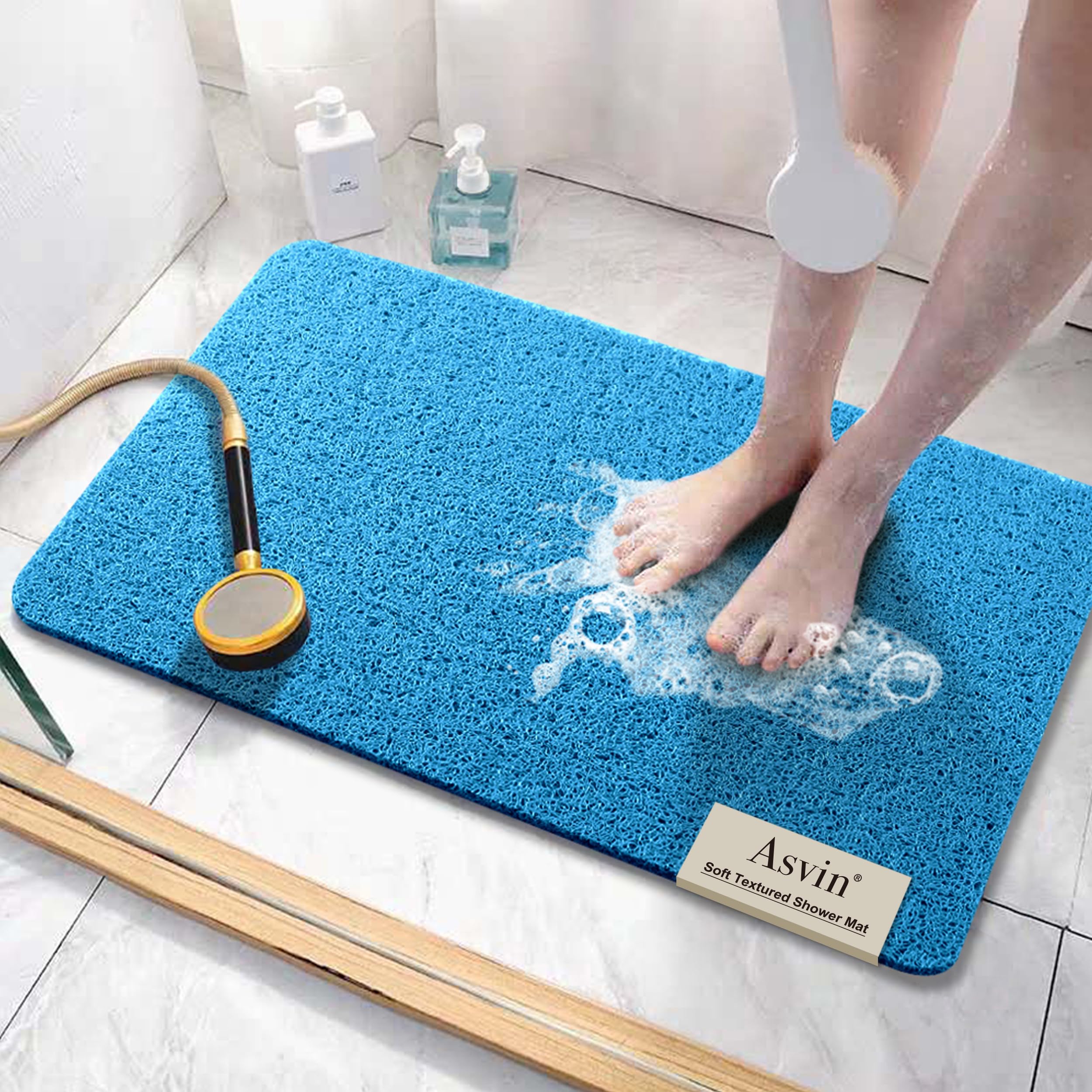 Asvin Soft Textured Bath, Shower, Tub Mat, 24x16 Inch, Phthalate Free, Non Slip Comfort Bathtub Mats with Drain, PVC Loofah Bathroom Mats for Wet Areas, Quick Drying