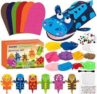 WATINC 6Pcs Hand Puppet Making Kit, Art Craft Felt Sock Puppet Toys, Creative DIY Make Your Own Pompoms Wiggle Googly Eyes Storytelling Role Play Party Supplies Gift for Girls Boys (Dinosaurs A)