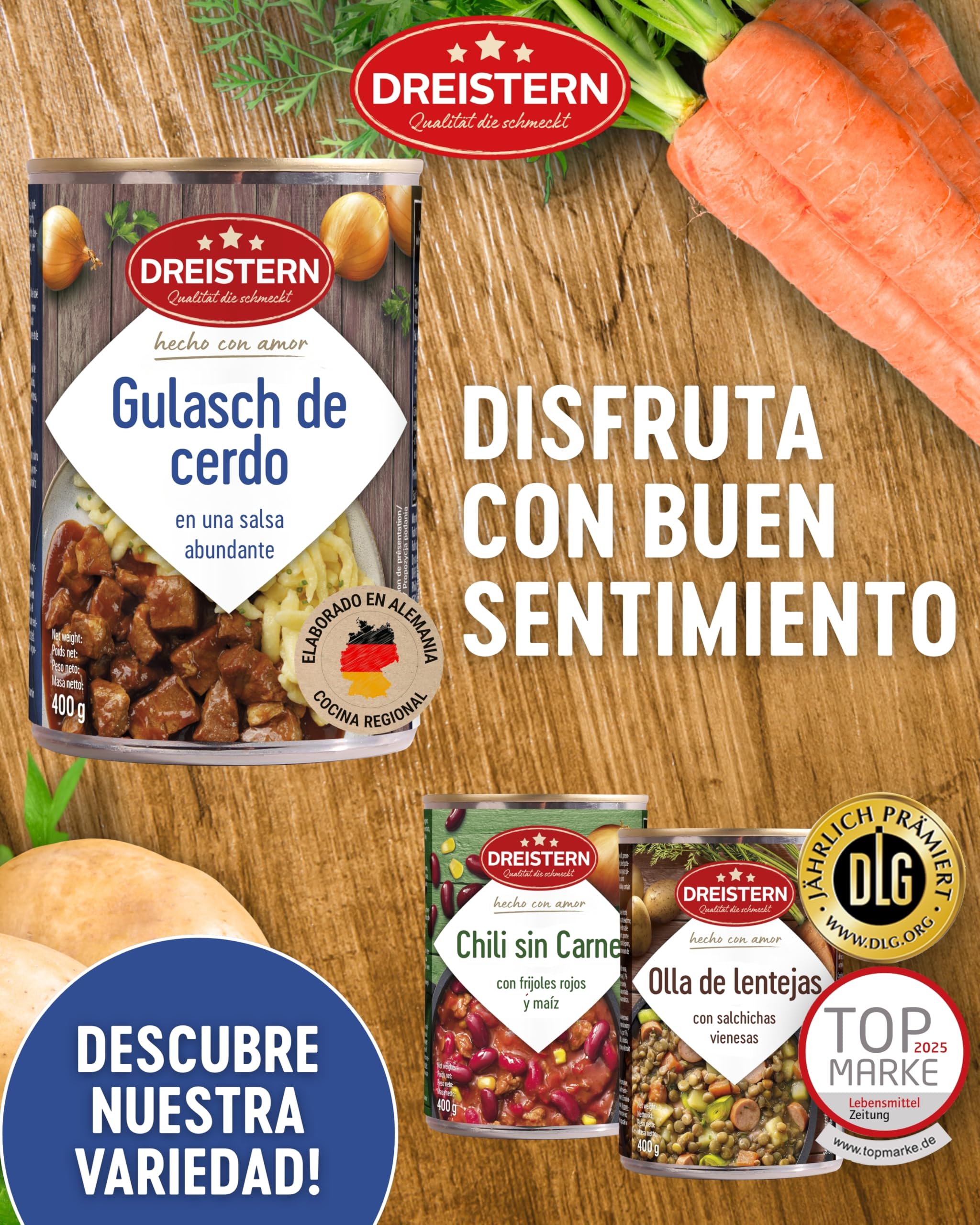 DREISTERN Goulash de cerdo 400 g I Con salsa picante I Guiso sabroso en lata reciclable I Larga duración gracias a la conservación natural I Calidad casera
