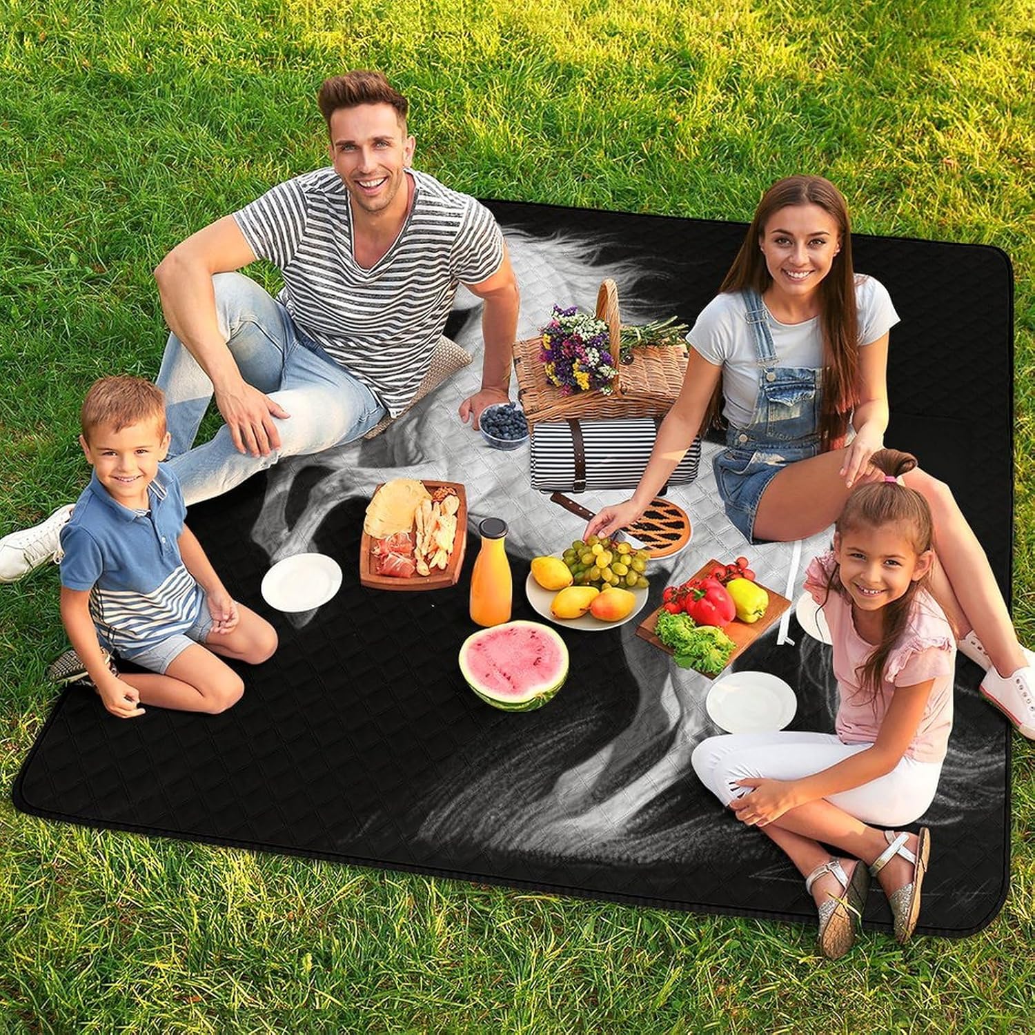 White Horse Black Picnic Blanket 200x200cm, Foldable 2-in-1 Picnic Mat and Tote Bag Portable Waterproof Beach Mat Sandproof Outdoor Blanket for Park, Hiking, Beach, Camping, Travel