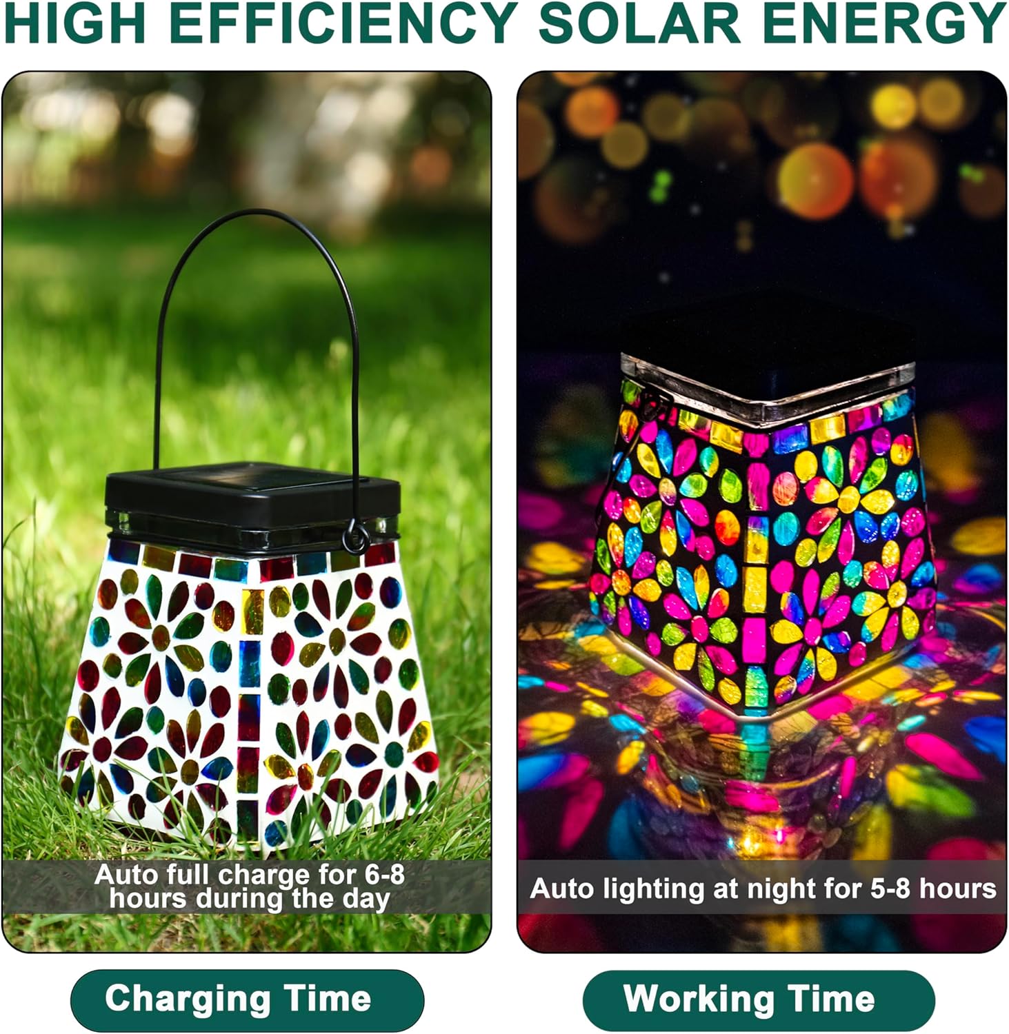 VOREEN Mosaic Glass Solar Lantern & Table Lamp, 600mAh Solar Powered Outdoor Light, Dual Modes Warm White & RGB, Waterproof IP44 Garden Patio Yard Decor, Handmade Gift for Women Mom Friends