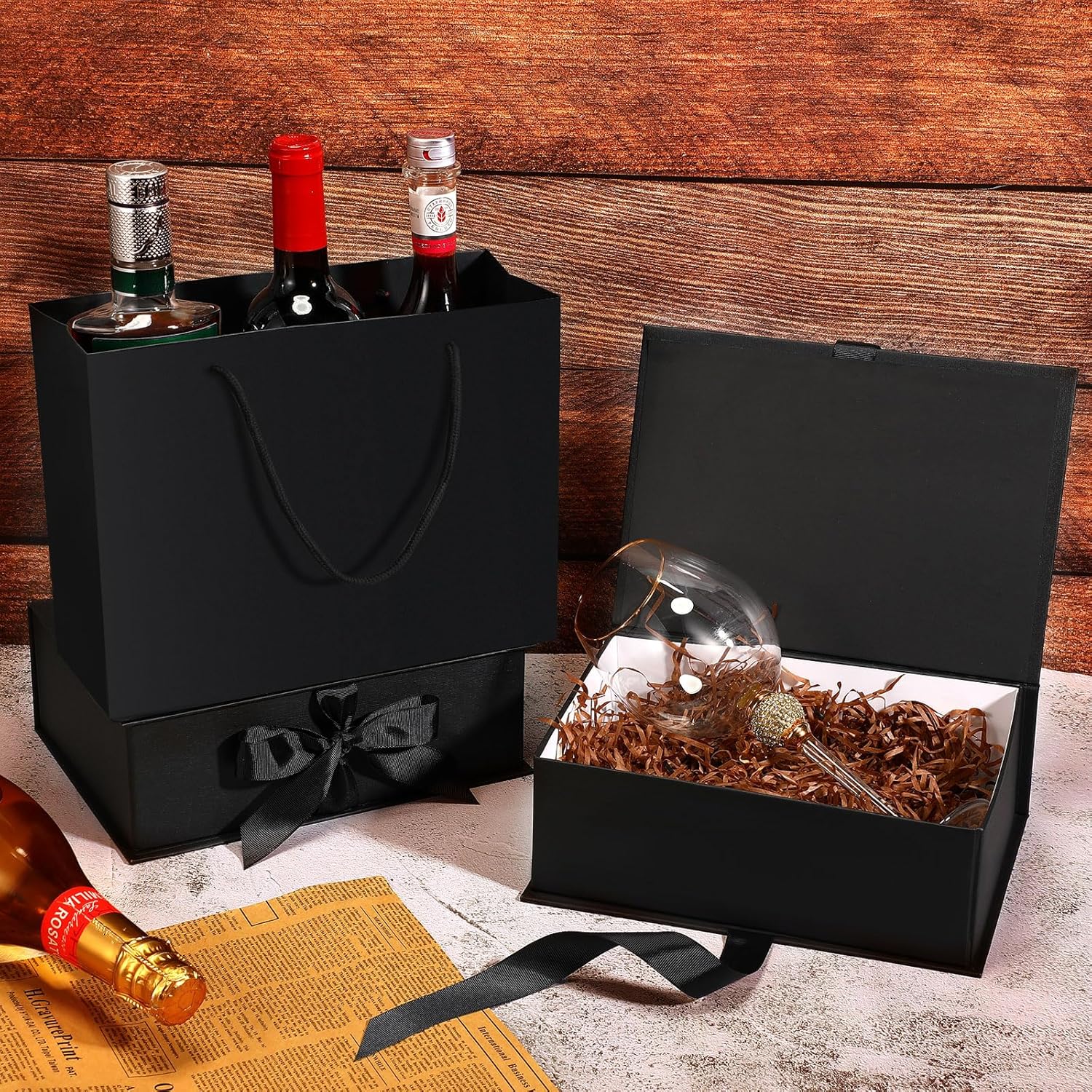 Jetec 10 Set 9.8 x 7 x 3.3 Inch Luxury Gift Boxes with Lids and Ribbon Paper Bags,collapsible Present Box for Birthday Wedding Proposal Valentines Day(Black)