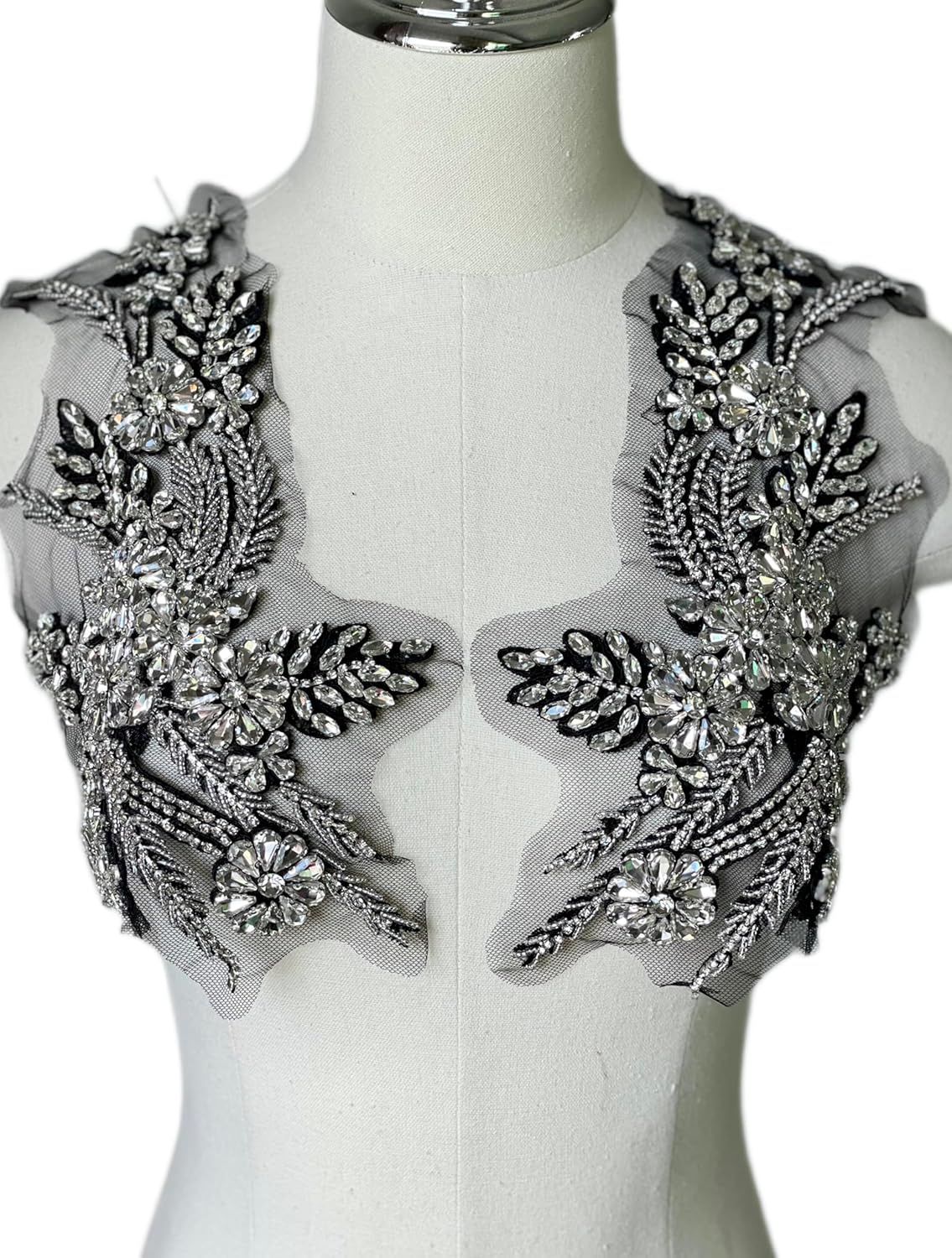 1 Pair of Handmade Rhinestone Appliques,26.5 * 18cm Beaded Applique for Dress Wedding,Banquet Evening Gown,Photograph Shot Sewing Rhinestone Trim Patches(Black and White)