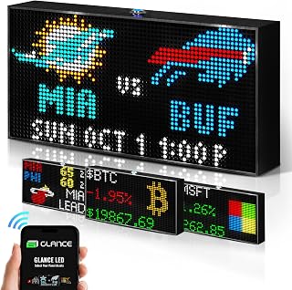 Glance LED Ticker: Customizable Sports Scores, Stock Market, Weather & Crypto Display - Retro Pixel LED for Man Cave, 10.5x5.5in Made in USA