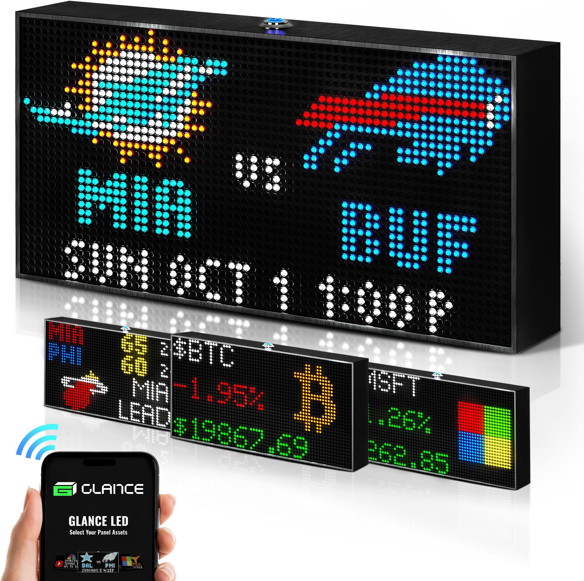 Glance LED Ticker - Customizable LED Display Sports Ticker, LED Display for Man Cave, Stock Market Ticker Display, Sports Score Retro Smart Pixel Display, Weather Display - 10.5"x5.5" Made in USA
