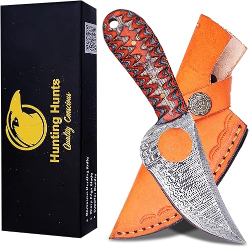 Predator Hunter - Cuchillo de damasco hecho a mano con funda de cuero personalizada - Para desollar, acampar, al aire libre - EDC 7 pulgadas