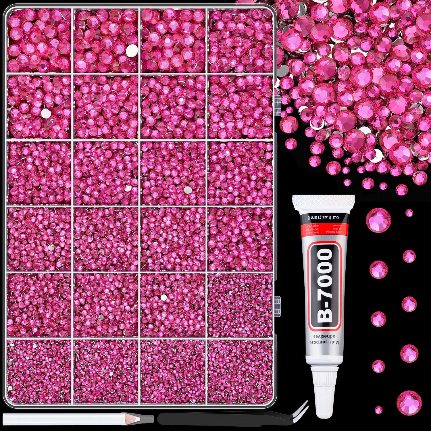 TINKRSTUFF Resin Rhinestones Crafting Kit, Hot Pink Flatback Gems (Large Pack + Glue) - main product image