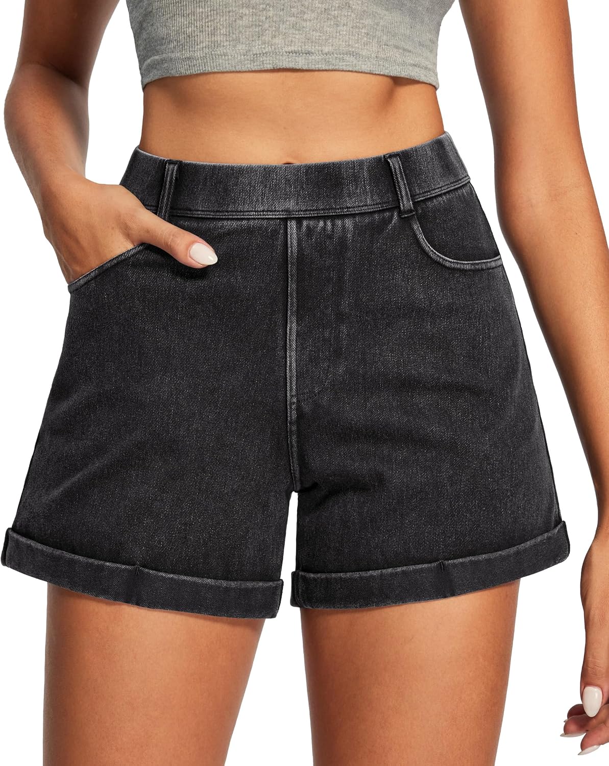 IUGA Stretchy Baggy Jean Shorts Womens Pull On Denim Shorts Women High Waisted Tummy Control Jorts Summer Casual with Pockets