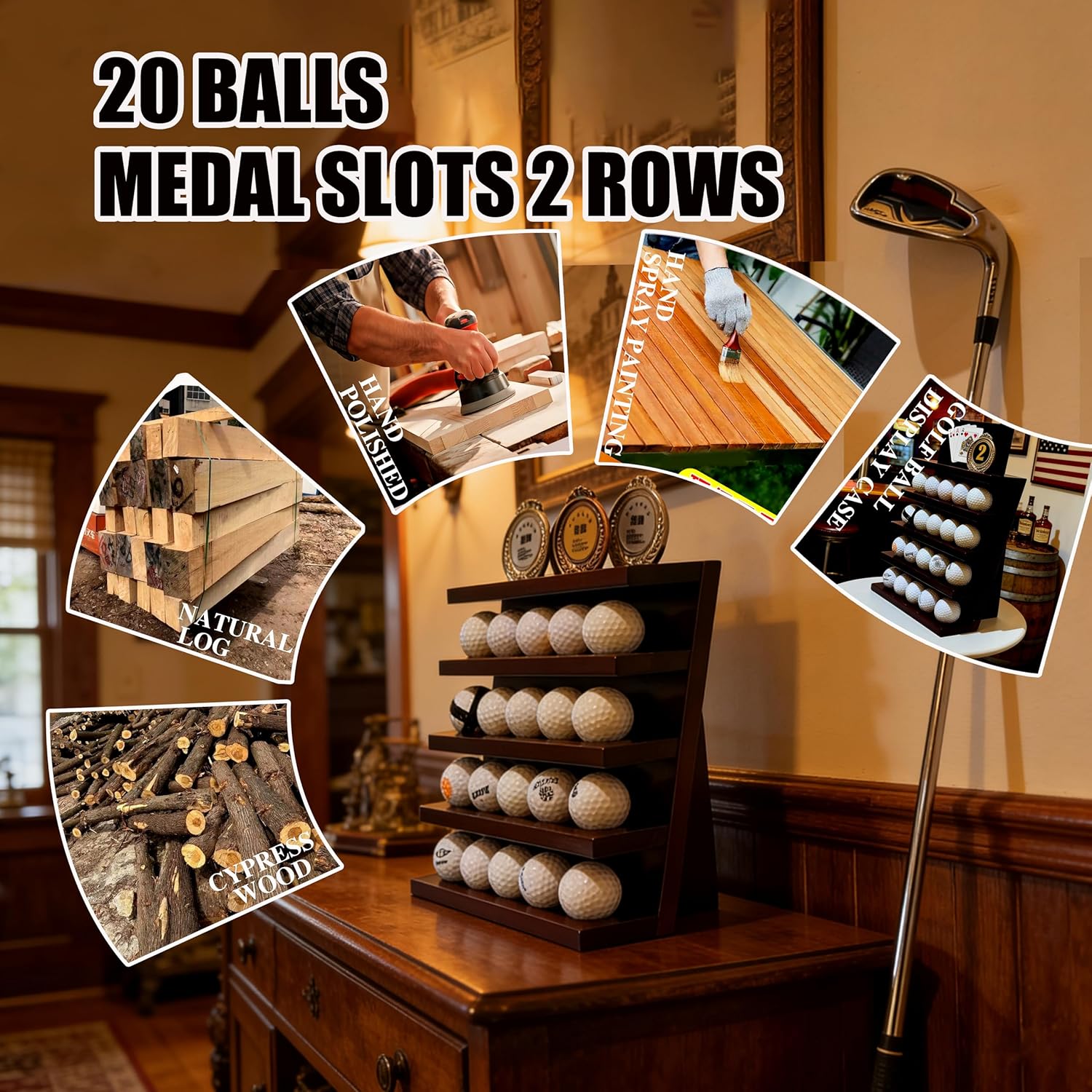 Golf Ball Display Rack, Solid Wood Golf Ball Display , No Assembly Required,Cabinet with 20 Ball Slots and Slotted Medal Holders, Sturdy and Durable 5.9"D x 9.8"W x 10.2"H, Gift for Golf Lovers