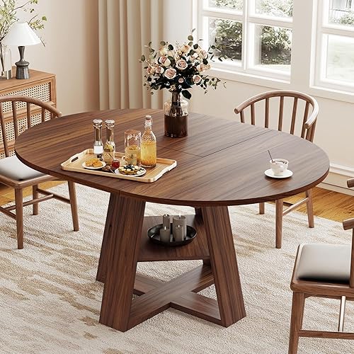 Aivermel 43.3‑59 in Extendable Oval Dining Table for 4‑6, Engineered Wood Round Dining Table with Hidden Extension Storage & Bottom Shelf, Space‑Saving Modern Kitchen Living Room Tables (Walnut)