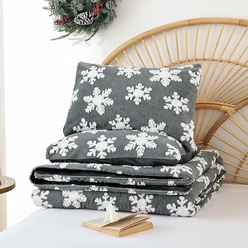 Miniatura 4 de JANZAA Juego de edredón de terciopelo gris oscuro con copos de nieve blancos estereoscópicos de 3 piezas, tamaño matrimonial, suave y esponjoso