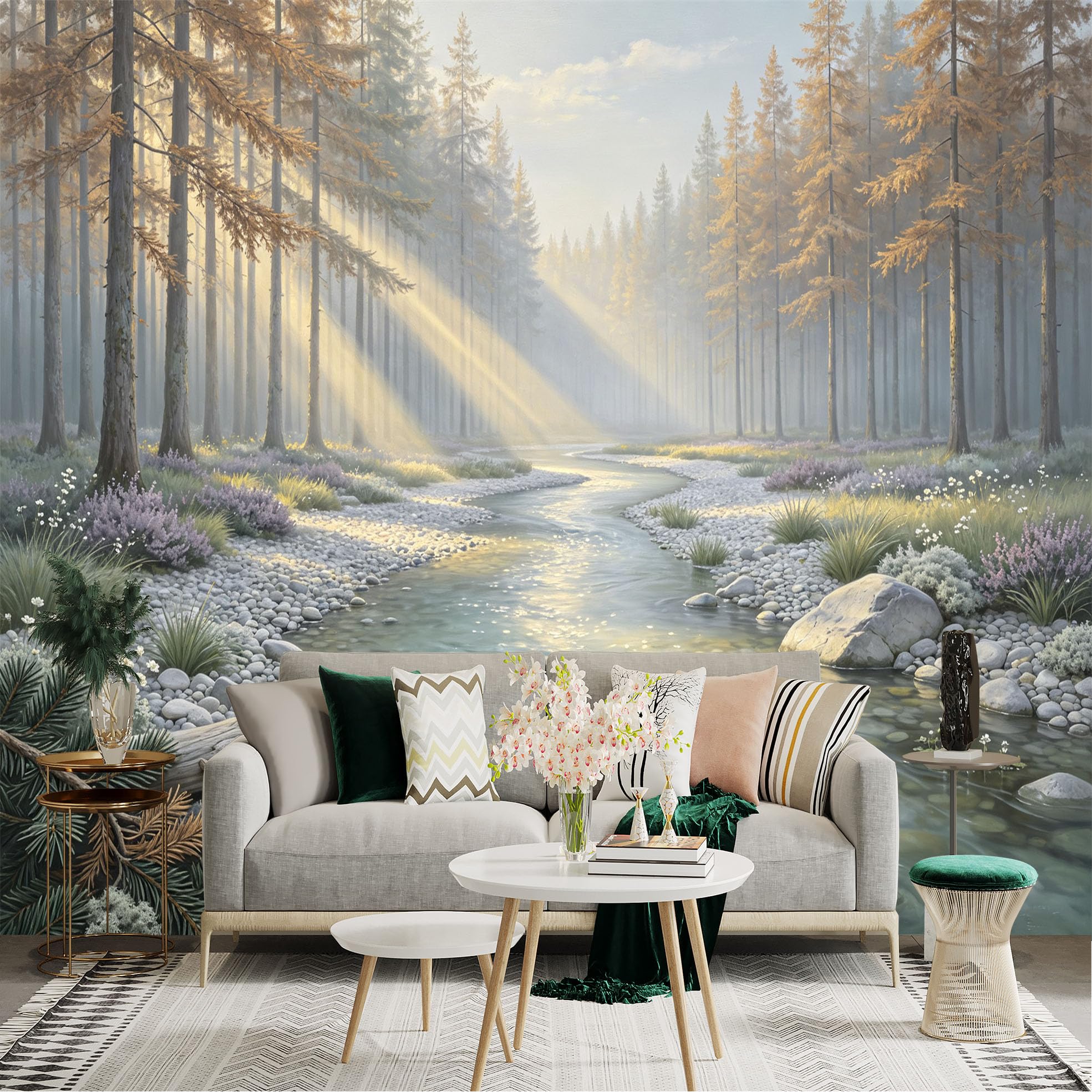 Lnzczhyre Bh260719320 Custom Size Wall Sticker Mural， Misty Morning Forest With Flowing Creek， Soft Sunlight Through Tall Coniferous Trees， Natural River Landscape， For Wall Decoration， Peelandstick Wall Decals.