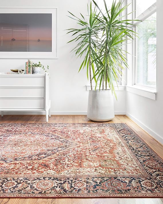 Loloi Layla Collection LAY-08 Red/Navy 7'-6" x 9'-6" .13" Thick Area Rug, Soft, Durable, Vintage Inspired, Distressed, Low Pile, Non-Shedding, Easy Clean, Printed, Living Room Rug