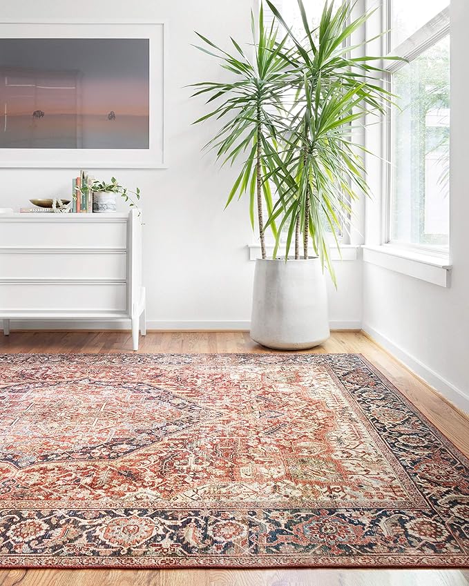 Loloi Layla Collection LAY-08 Red/Navy 7'-6" x 9'-6" .13" Thick Area Rug, Soft, Durable, Vintage Inspired, Distressed, Low Pile, Non-Shedding, Easy Clean, Printed, Living Room Rug