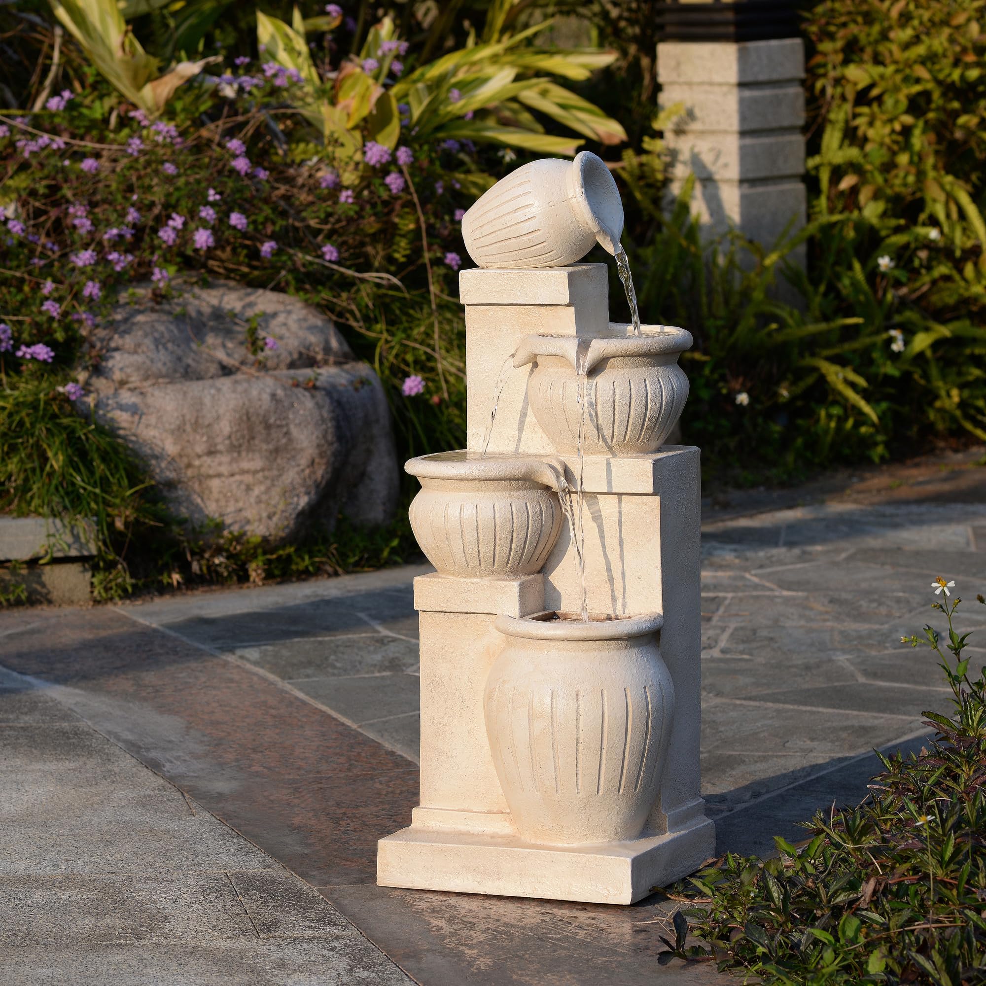 Teamson Home Fontaine Solaire 4 Niveaux Cascade exterieure LED ecologique sans Fil Balcon Patio Aspect Pierre Naturelle