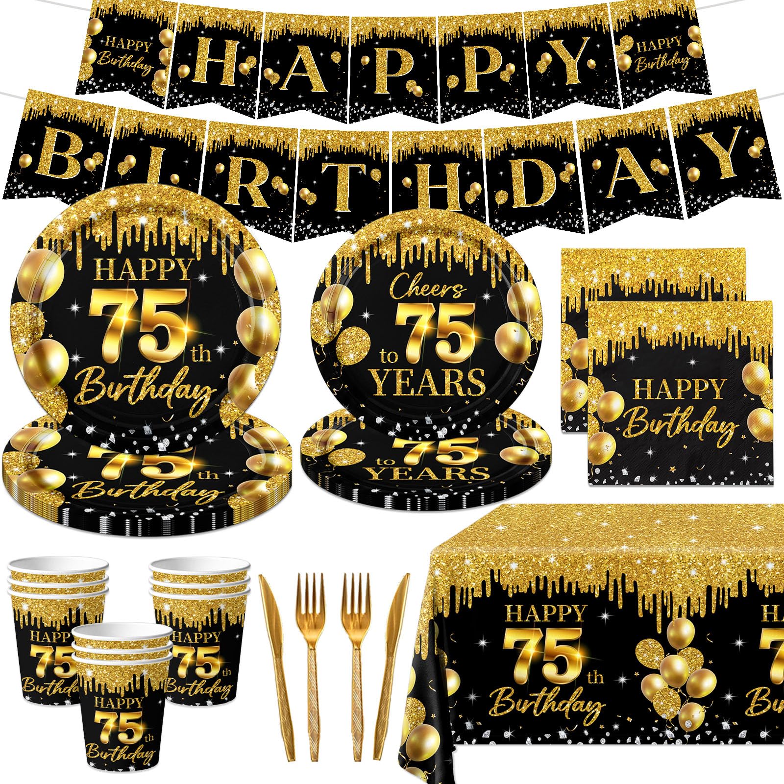 75th Birthday Decorations for Men Women, 142Pcs Black Gold 75th Birthday Decorations Tableware InclduePlates and Napkins Cups Banner Tablecloth for