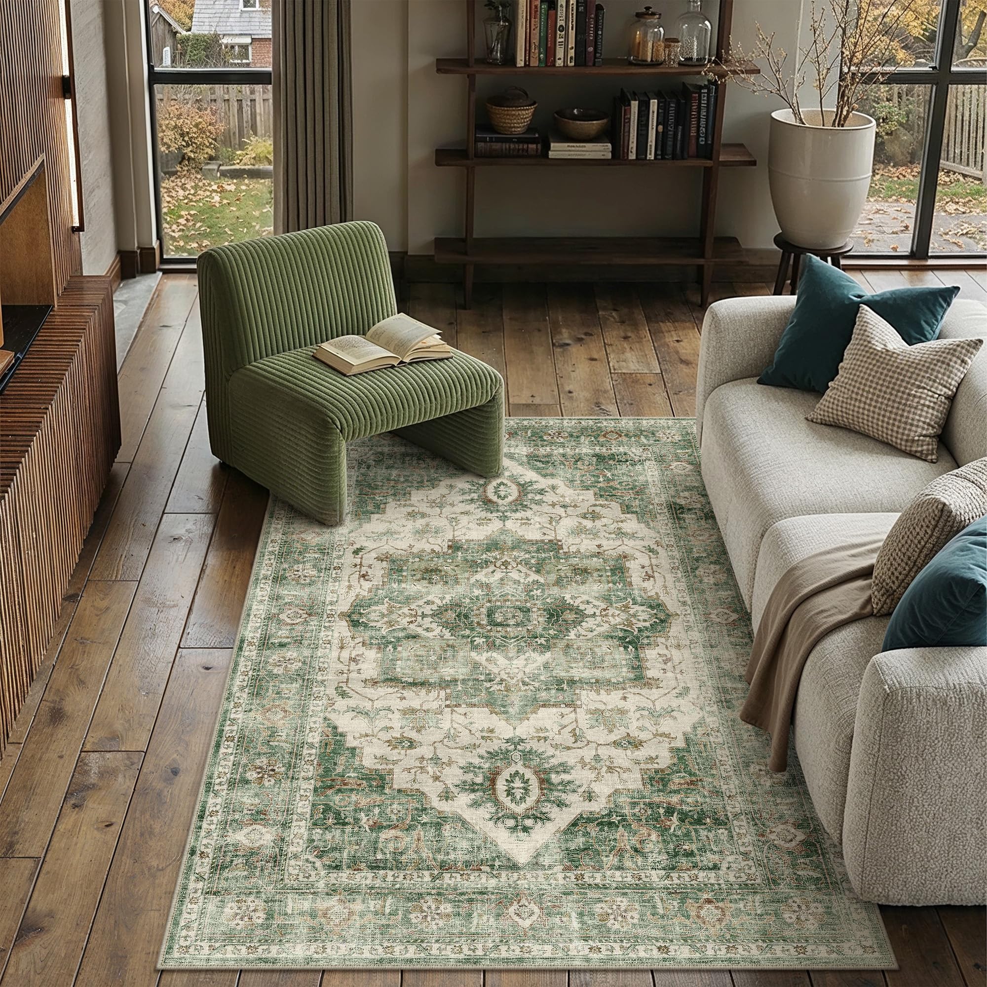 PureCozy Vintage Rugs Living Room Area Rug 120x170cm Green Washable — image 1