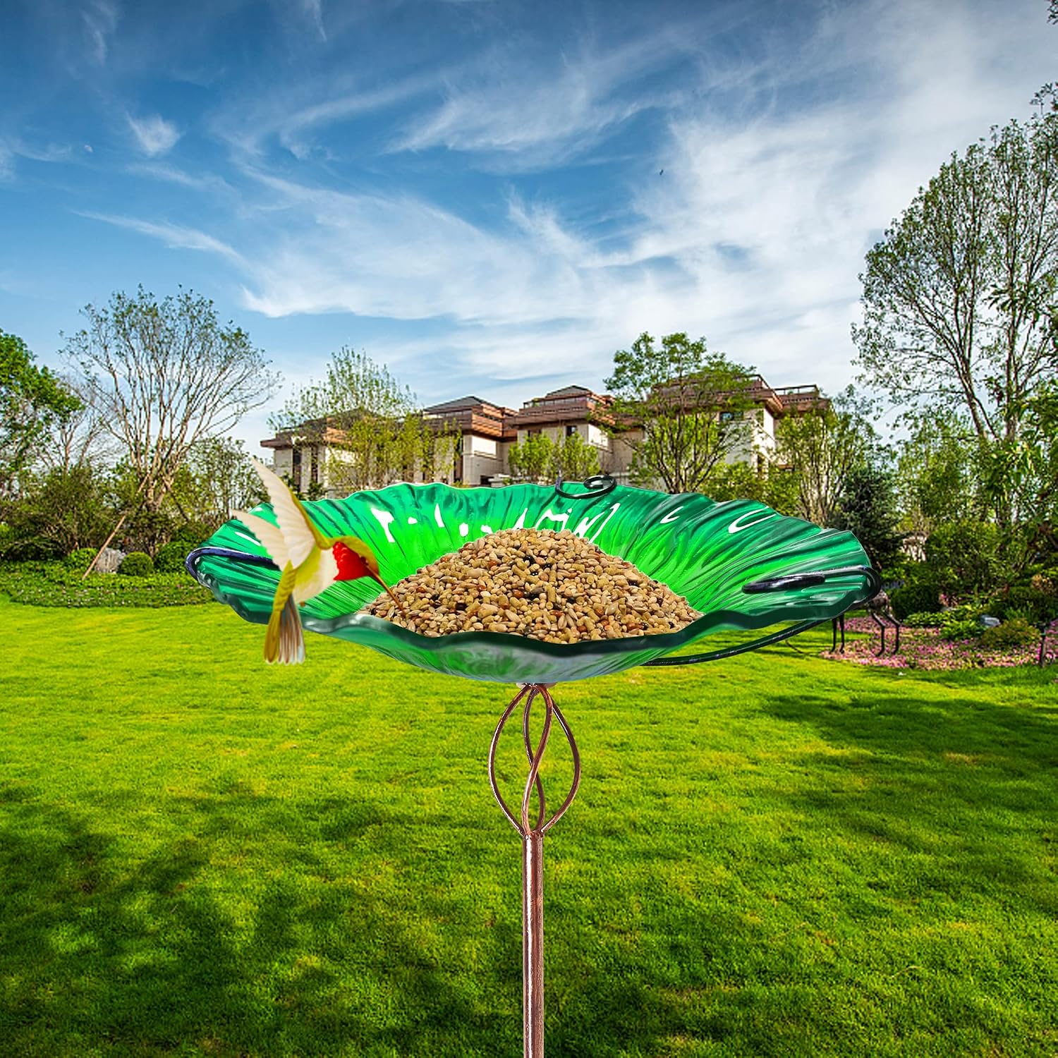 BEBEKULA Glass Bird Baths for Outdoors, 31" Height Bird Bath Bowl birdbaths for The Garden with Metal Stake (Green)