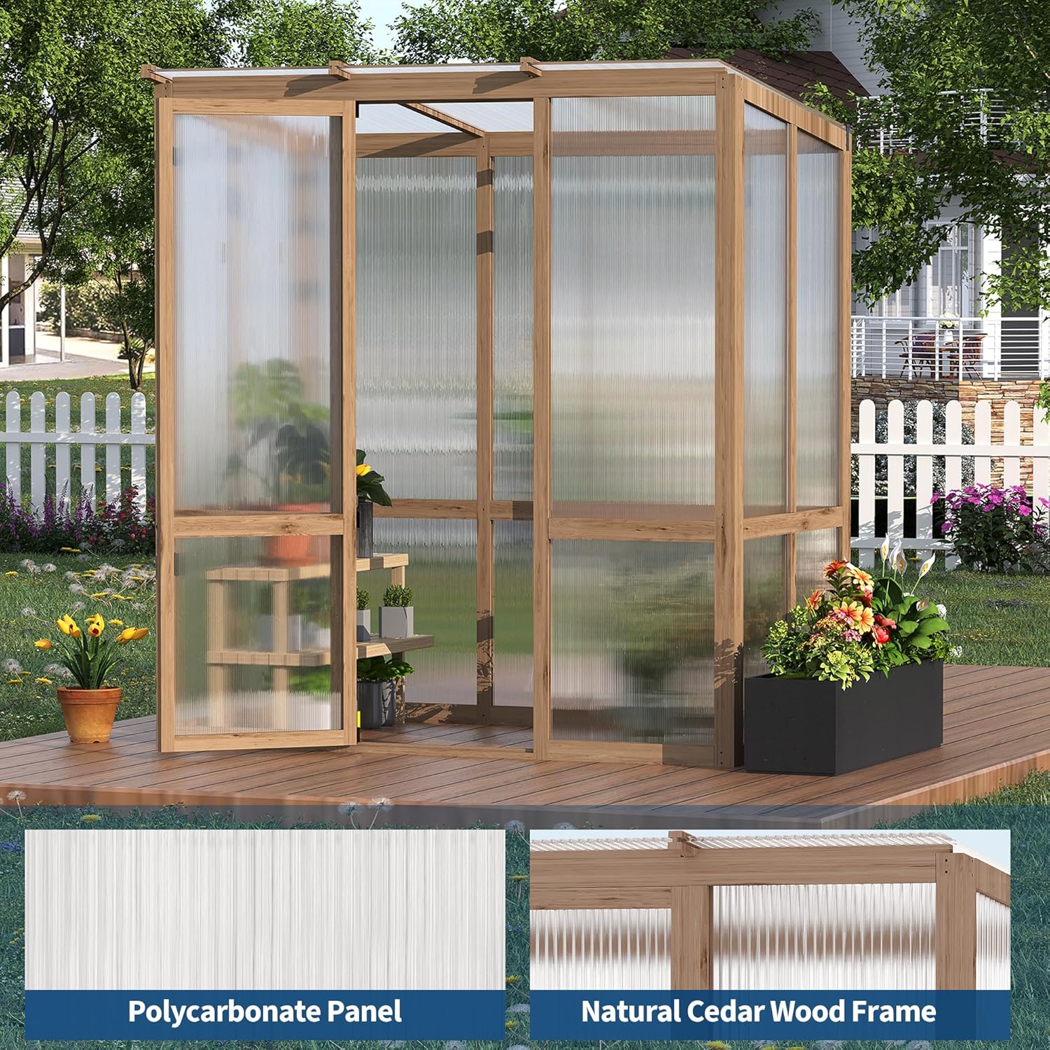 4x6FT Wooden Greenhouses for Outdoors, Wooden Walk-in Green House with Cedar Frame, Greenhouse Kit with 6MM Thick Polycarbonate Panel