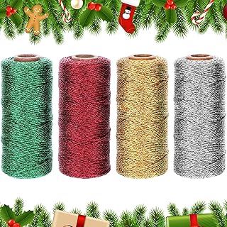 440 Yard Totally Christmas Metallic Bakers Twine Christmas Decorative Wrapping Twine String for Gift Wrapping, 4 Colors, Gold, Silver, Red, Green, 4 Rolls