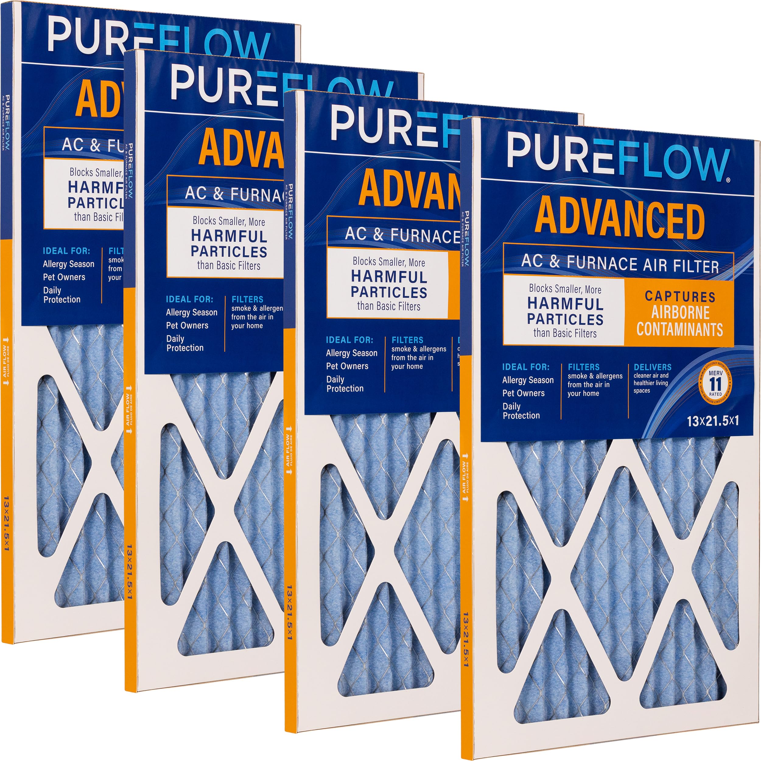 PUREFLOW Home Air Filter MERV 11, 13x21.5x1 Furnace Filter, 4 Layer High Efficiency Filtration for Dust, Smoke, Fumes, Pollutants (4-Pack)
