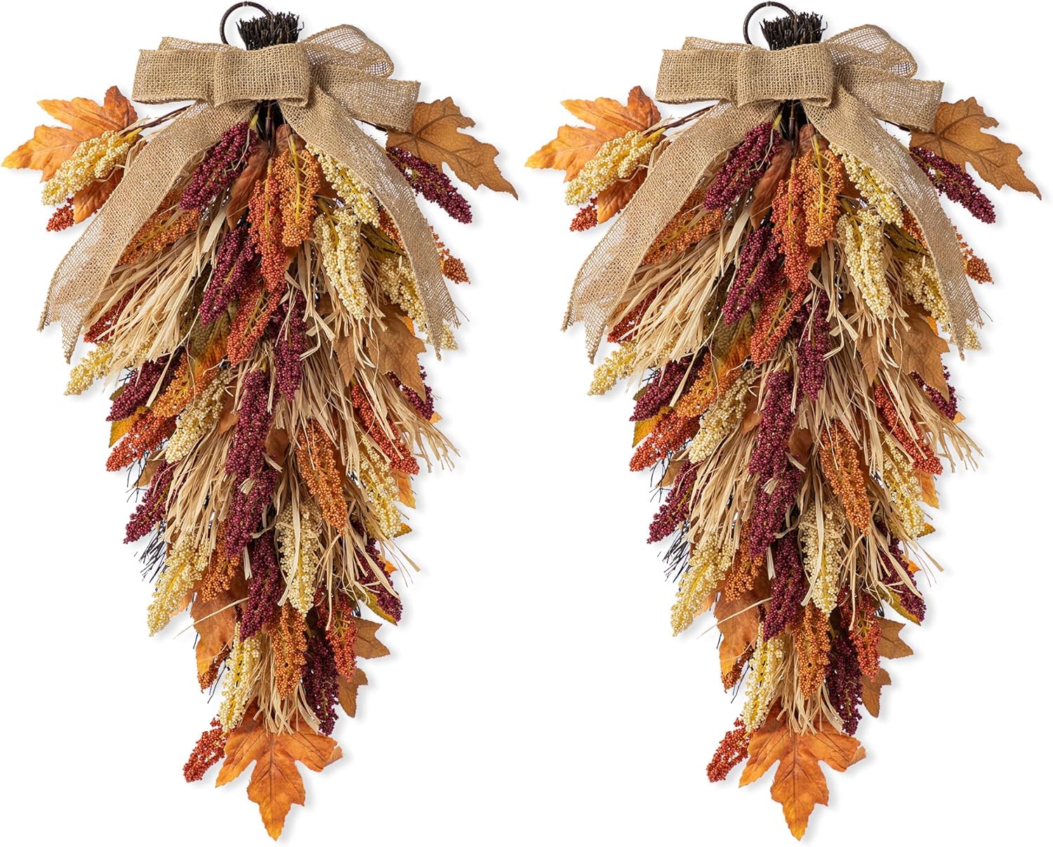 Glitzhome 2 Pcs 28'' Artificial Fall Teardrop Swags, Autumn Harvest Multi-Colored Sorghum Door Swag, Hanging Flower Wreath for Thanksgiving Fall Front Door Window Wall Decor