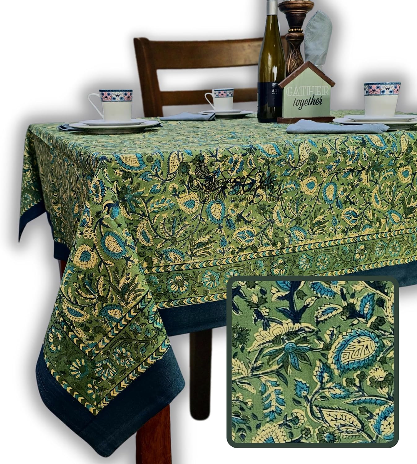 Sweet Us Amara Cotton Floral Block Print Tablecloth and One Plain Napkin, Floral Kitchen Dining Table Cloth, Table Cover for Indoor and Outdoors, Fern Bliss, 58 x 88 in