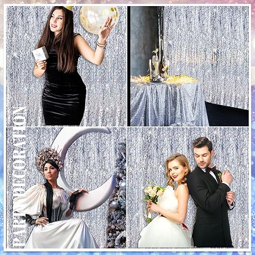 Miniatura 6 de Telón de fondo de flecos de aluminio de 6 piezas de 3.3 pies x 6.6 pies, cortina de flecos ondulados de oropel para temática oceánica de cumpleaños,