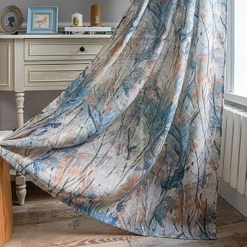 MEETSKY Blue Curtains 84 Inch Long for Living Room - Branches Pattern Printed Curtain Light Filtering Thick Linen Textured Grommet Drapes for Bedroom, 52" x 84", Blue, 2 Panels