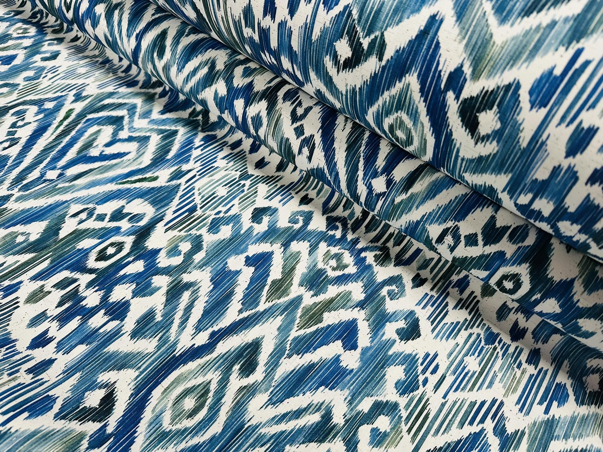 Niebieski i zielony Ikat kwiatowy wachlarz adamaszek kwiat tkanina geometryczny paisley materiał bawełniany zasłony poduszki tapicerka wystrój domu - 280 cm bardzo szeroki - sprzedawany na metry