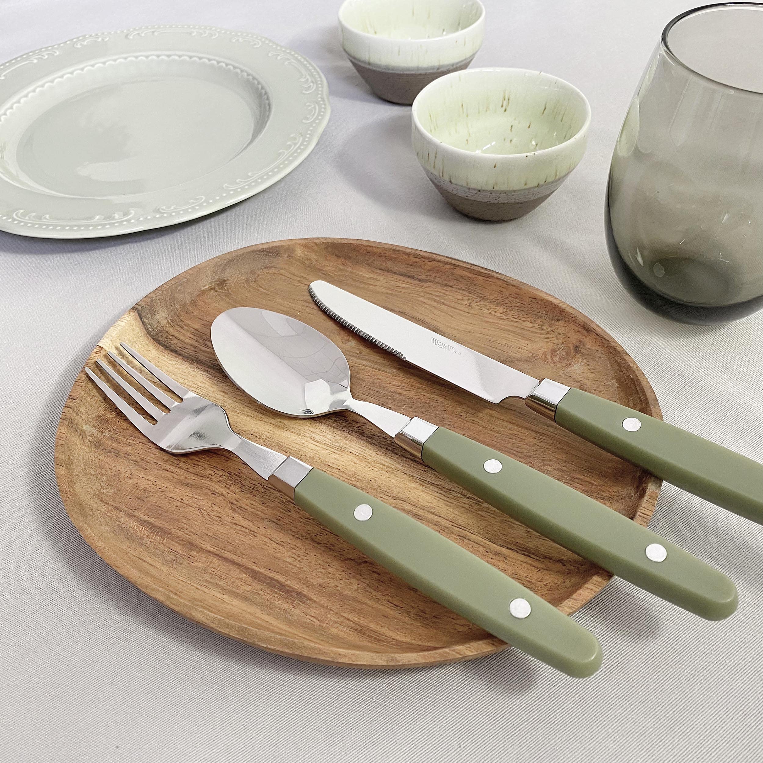 Prima Collection Lot de 24 couverts de la série Country en acier inoxydable sans nickel, avec poignée, couleur bois, avec boîte cadeau
