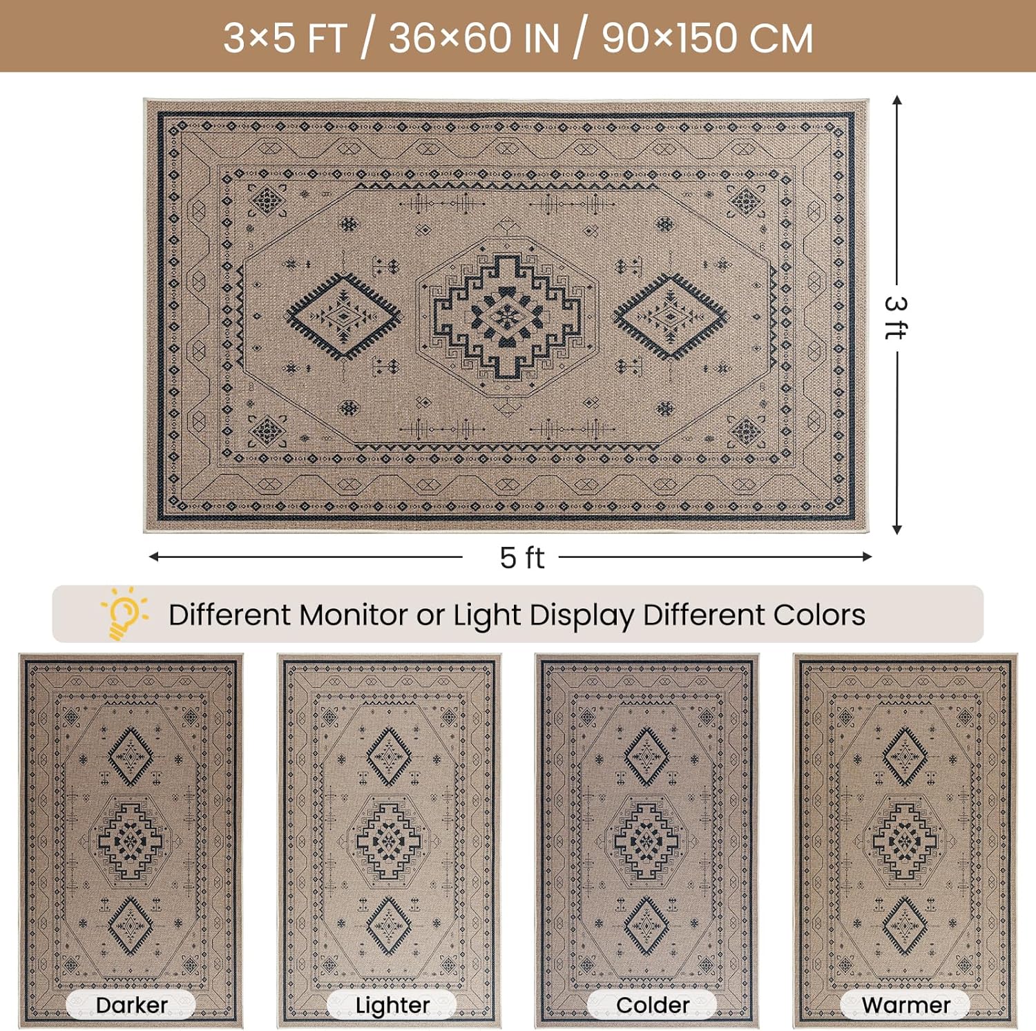 3x5 Washable Non Slip Faux Jute Rug, Durable Boho Hallway Runner Rug, Non Shedding Low Pile Indoor Outdoor for Patio, Entryway, Porch, Garden, Rustic Farmhouse Kitchen Rug