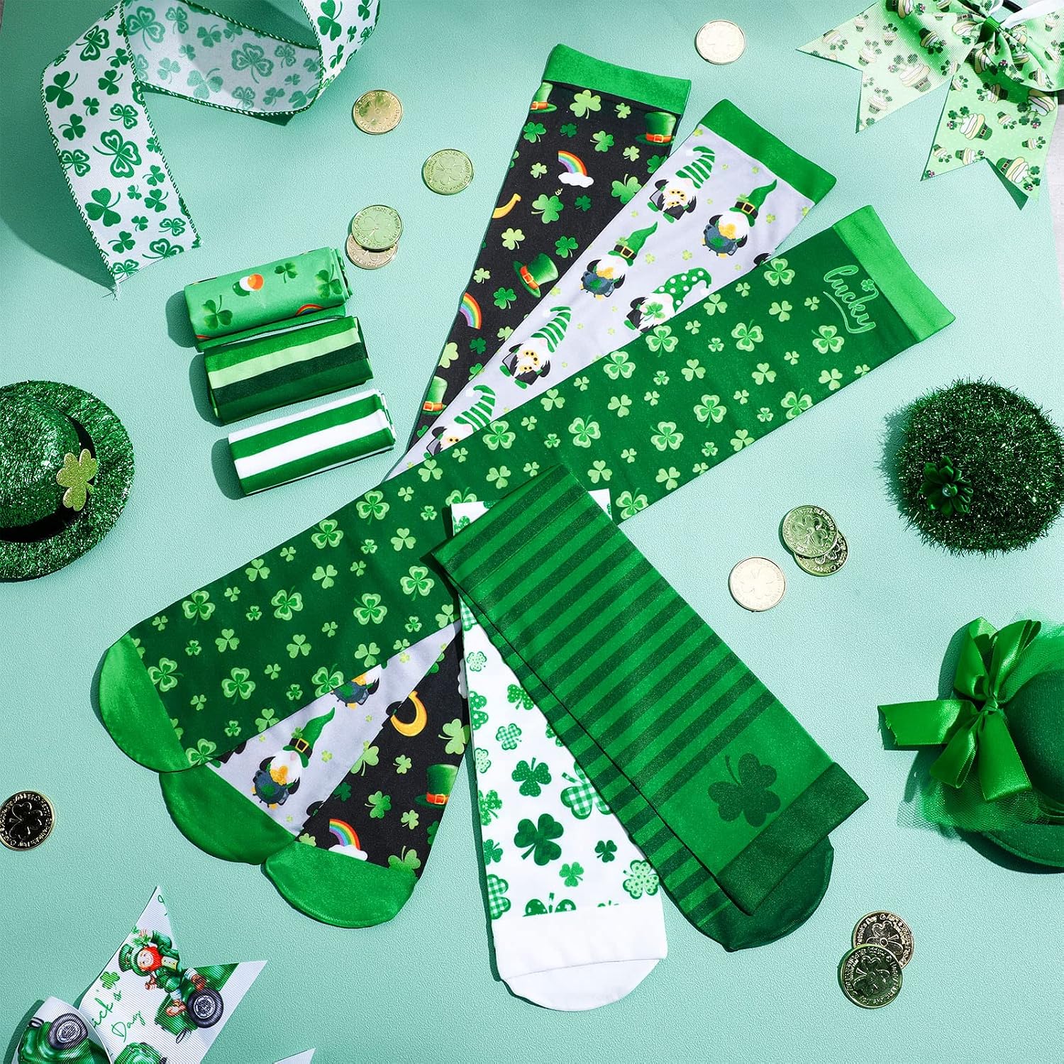 Mumufy 8 Pairs St. Patrick Day Socks Shamrock Clover Striped Thigh High Socks Novelty Green Irish Festival over Knee Stocking Cosplay Party Holiday Gifts for Women Girls