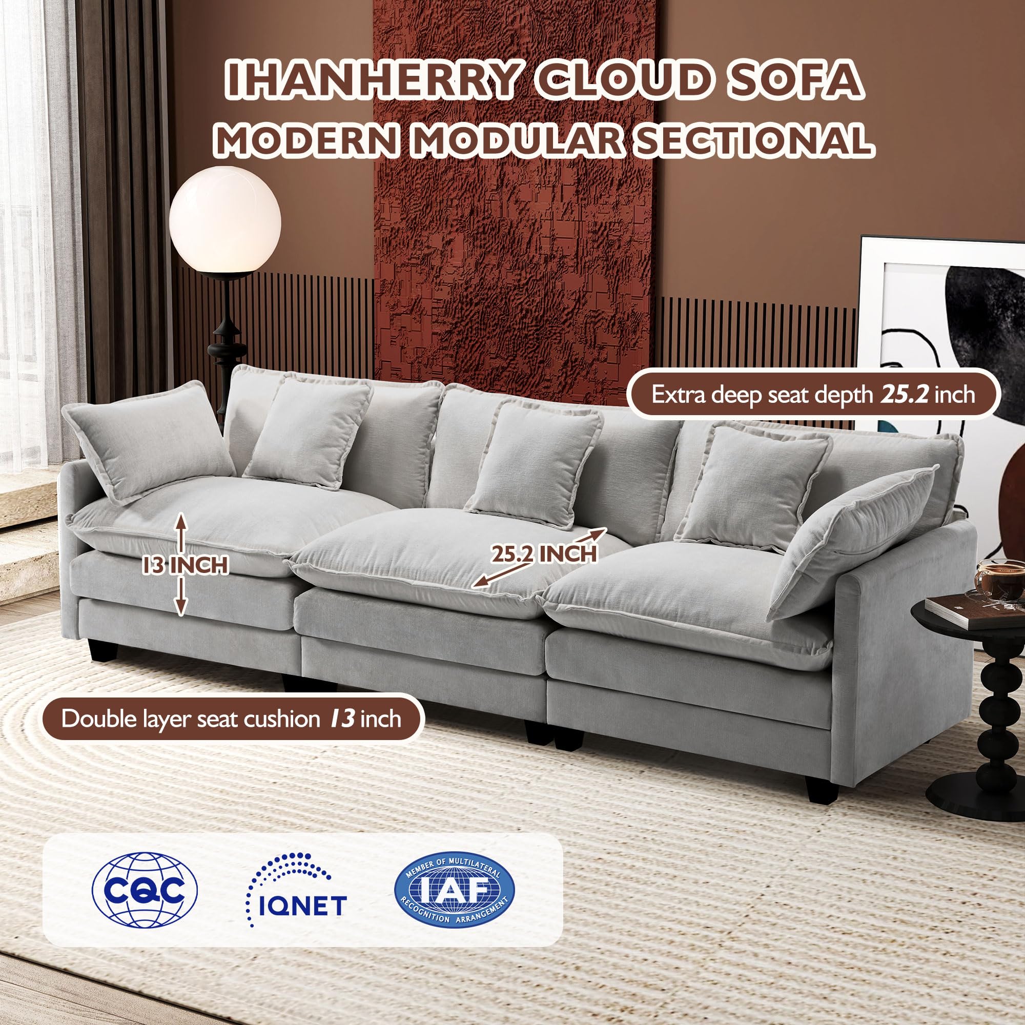 Ihanherry 111.4 Inch 3-Seater Cloud Sofa, Modular Sectional Couch, Modern Deep Seat Sofa for Living Room, Comfy Double Layer Upholstered Seat Cushion, Breathable Chenille Fabric, Grey - 3