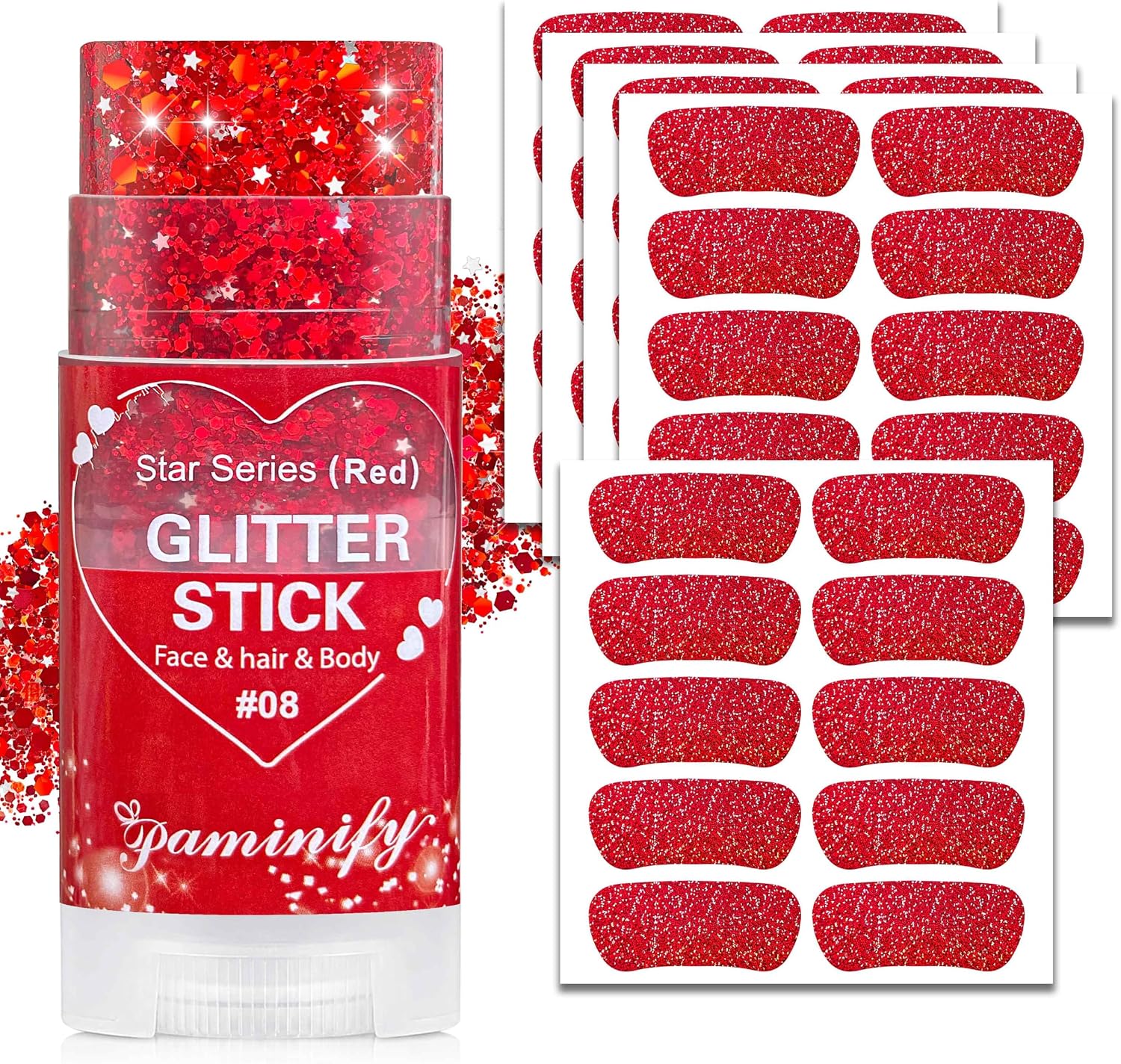 Red Hair Glitter Stick and Eye Black Stickers Kit, 50 Pcs Waterproof Under Eye Stickers for Baseball Softball Football,Face Body Glitter Stick,Red Spirit Day Accessories for Sport Game Day