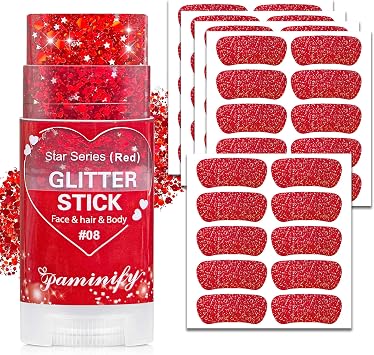Red Hair Glitter Stick and Eye Black Stickers Kit, 50 Pcs Waterproof Under Eye Stickers for Baseball Softball Football,Face Body Glitter Stick,Red Spirit Day Accessories for Sport Game Day