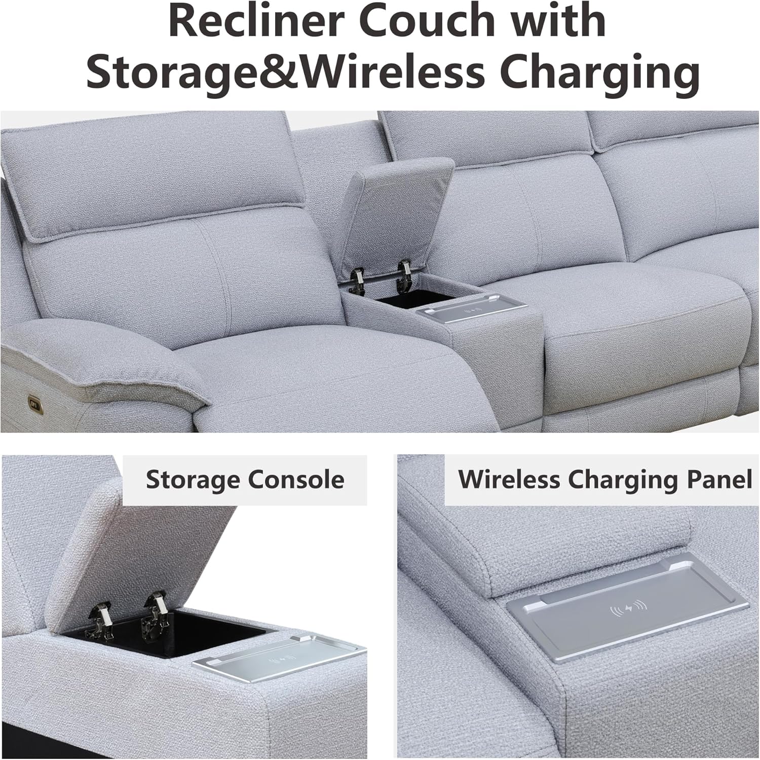 Power Recliner Sofa with LED&USB Port, 122" Reclining Sofa for Living Room, 3-Seat Recliner Sofa with Storage Console, Grey White Lambswool Fabric Living Room Furniture