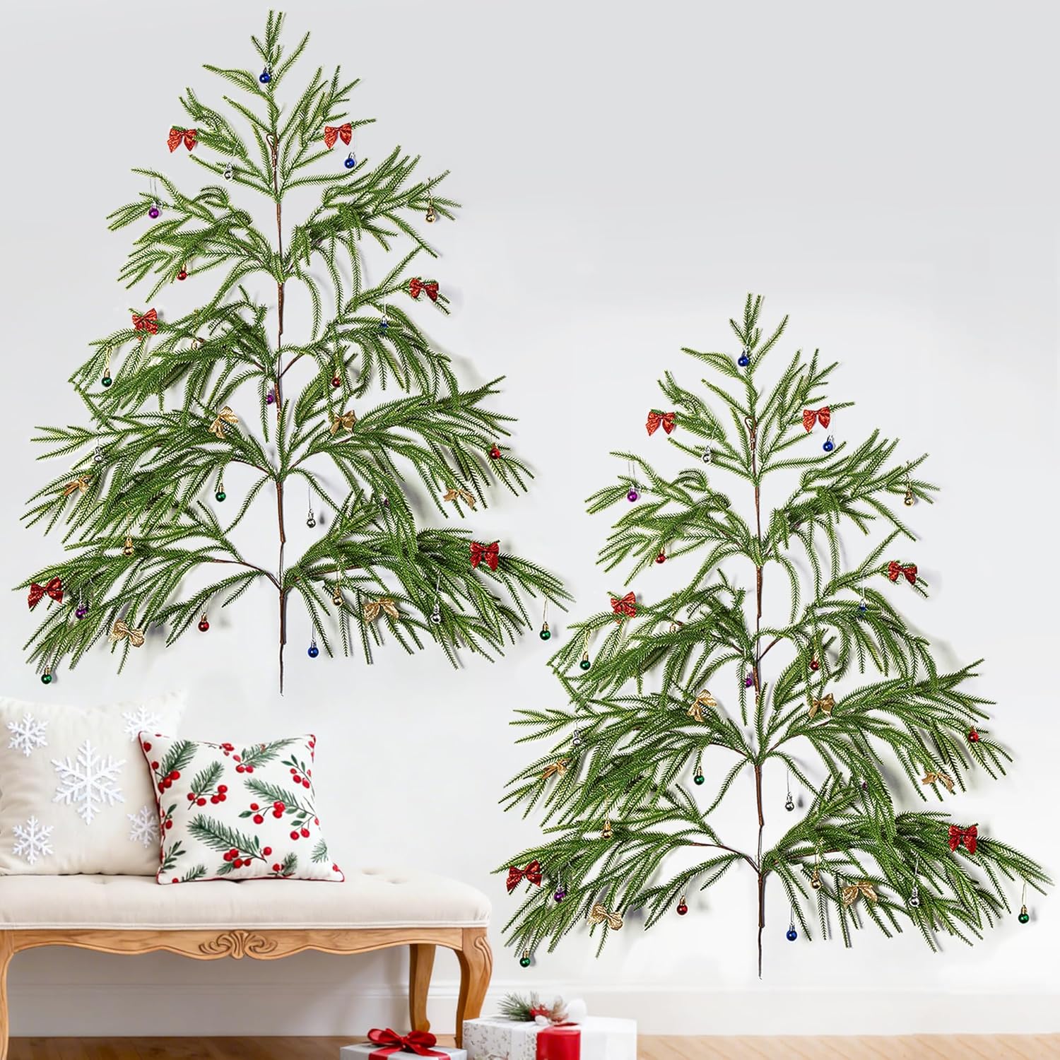 Watayo 2 Set 4 Ft Wall Christmas Tree with Balls and Bows, Wall Hanging Norfolk Pine Tree, Greenery Wall Mounted Xmas Trees Decor for Home Office Window Room Christmas Holiday Party Decoration