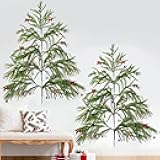 Watayo 2 Set 4 Ft Wall Christmas Tree with Balls and Bows, Wall Hanging Norfolk Pine Tree, Greenery Wall Mounted Xmas Trees Decor for Home Office Window Room Christmas Holiday Party Decoration