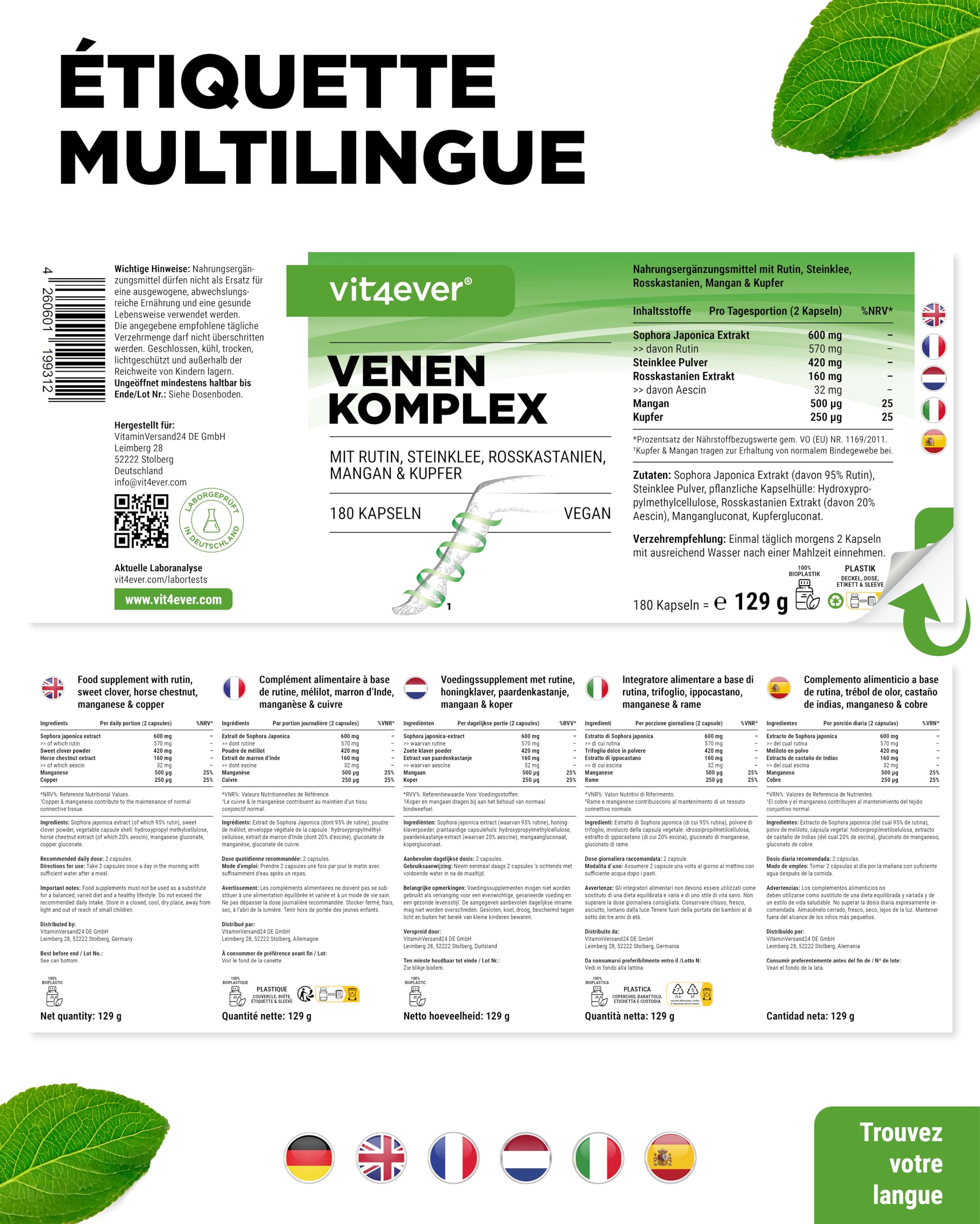 Complexe Veineux - 180 Capsules - 3 Mois d'Approvisionnement - Hautement Dosé en Rutine, Mélilot, Extrait de Marron d'Inde, Manganèse, Cuivre - Extraits Premium - Vegan