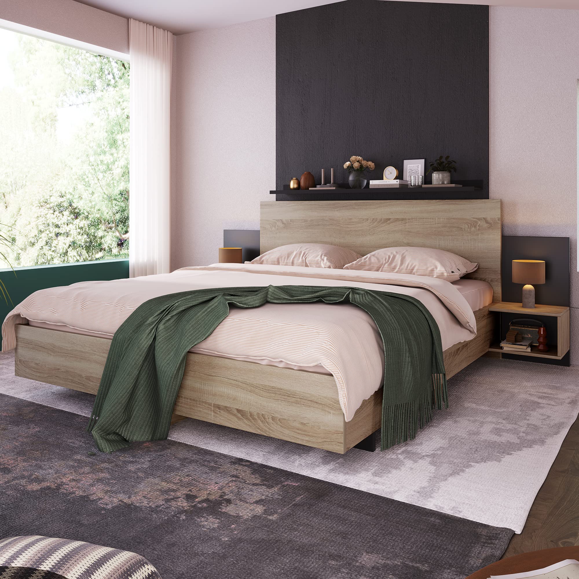Lit double en bois 160 x 200 cm avec 2 tables de nuit, lit moderne avec 2 tables de chevet, kit complet pour chambre à coucher, chêne Sonoma/gris foncé, 205,5 x 235 x 76,5 cm (l x p x h)