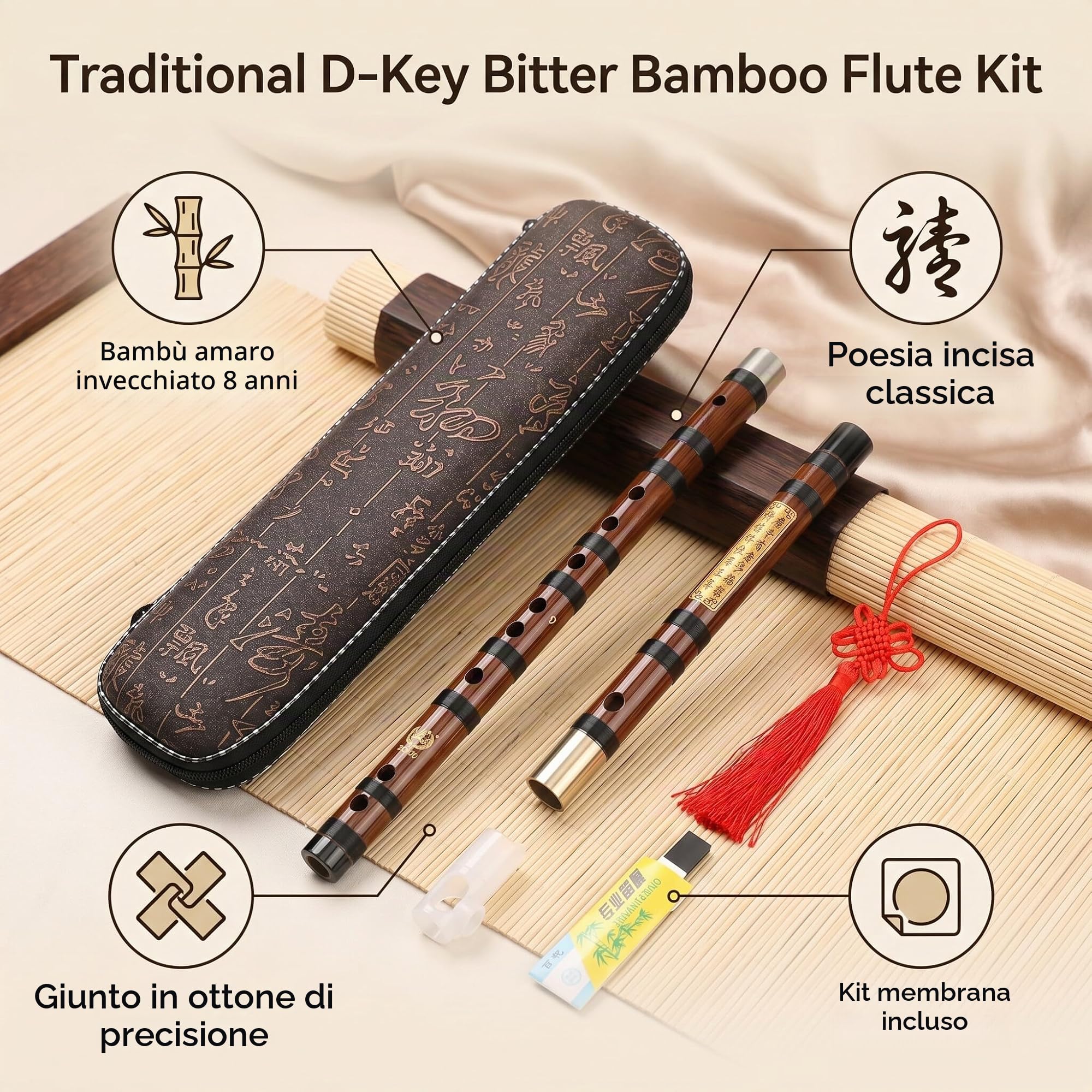 Eujgoov Bamboo Flute, D-Key Dizi Bitter Bamboo Flute Strumento Tradizionale Cinese con Custodia per Principianti