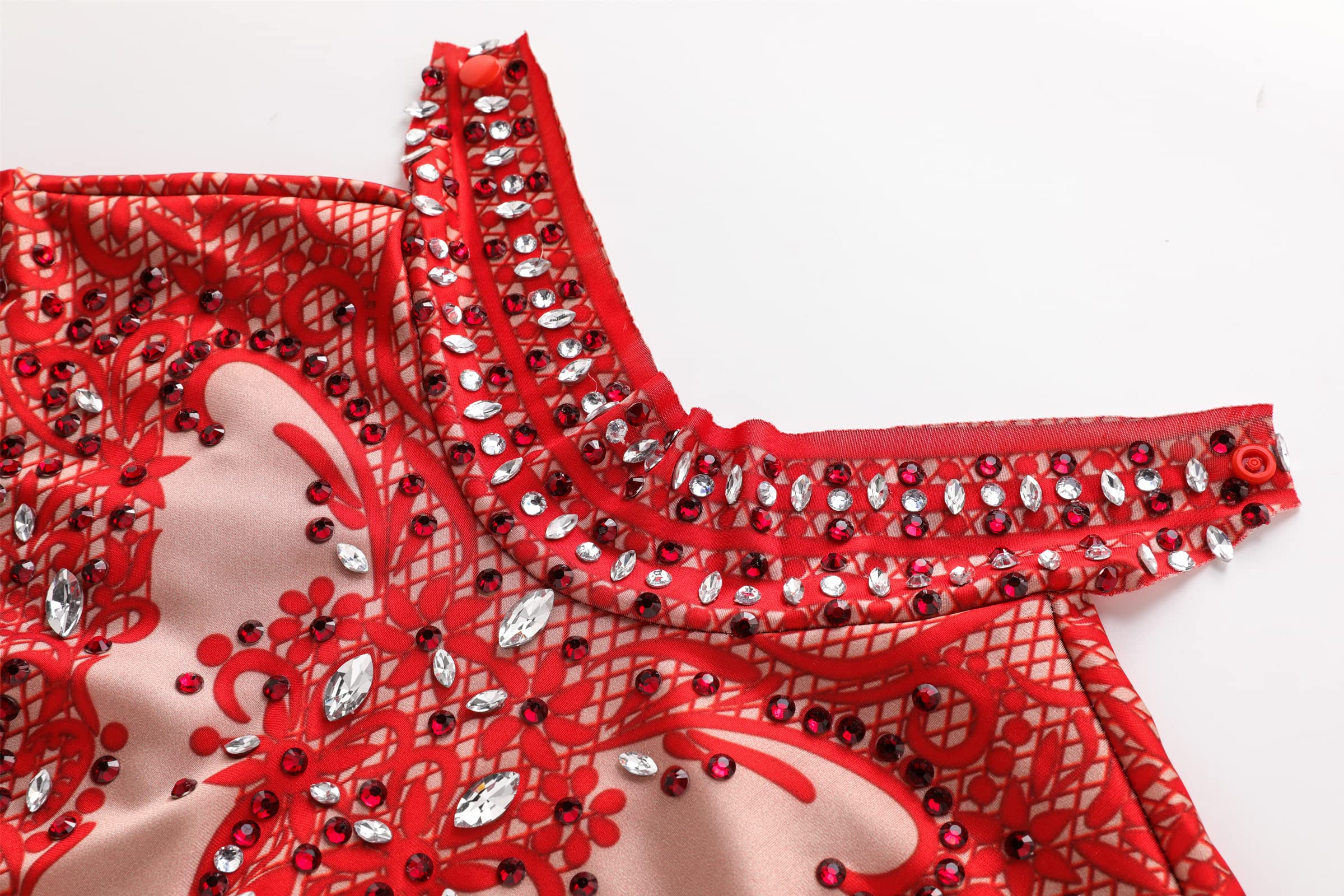 Roter Strass-Body, Tanzkostüm, für Damen, atemberaubend, langärmelig, Drag Queen-Outfit, sexy Club-Nachthemd-Jumpsuits