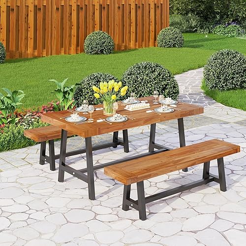 Miniatura 2 de PHI VILLA Banco de madera de acacia para exteriores banco de picnic de 63 pulgadas de largo banco de teca con acabado de aceite sin espalda soporta