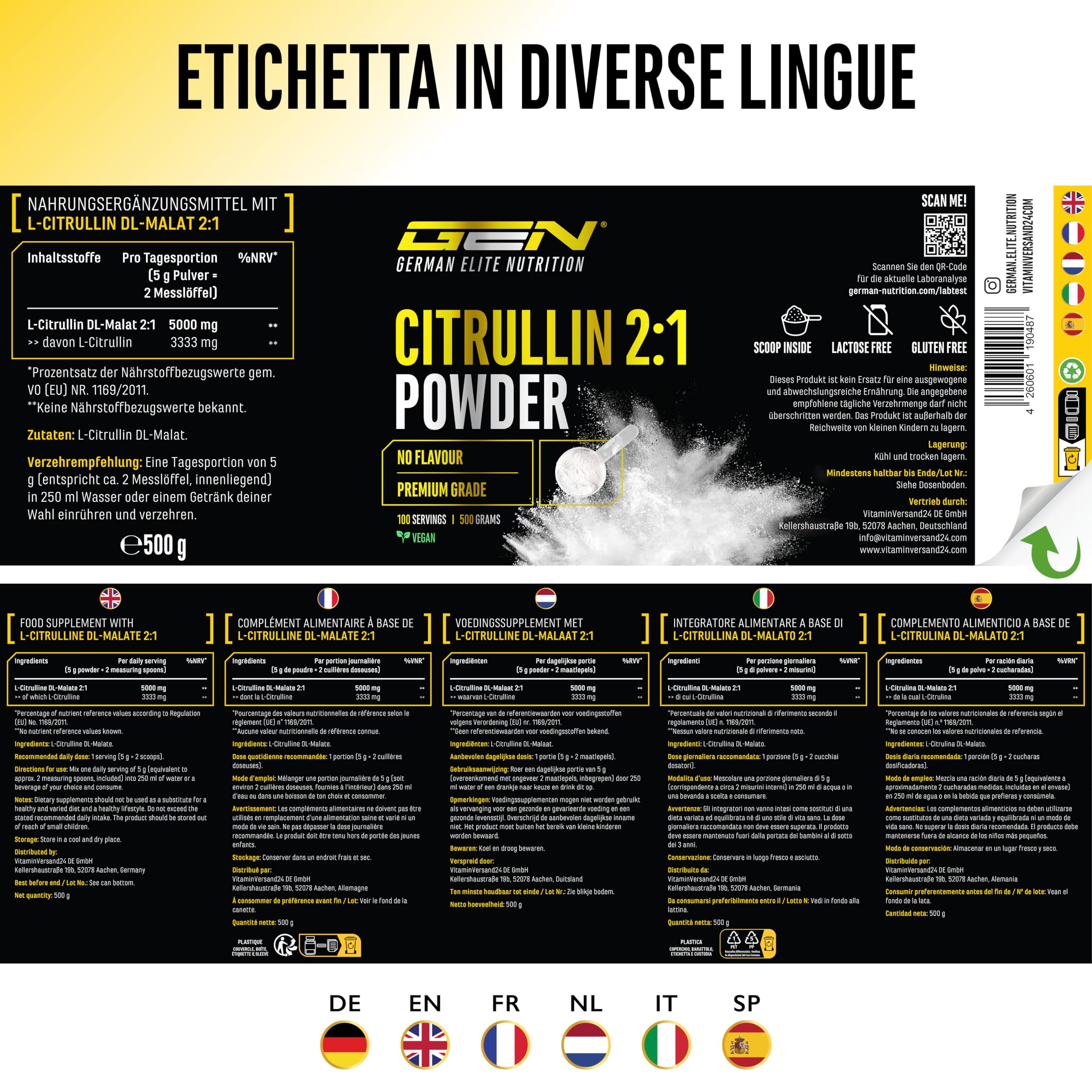 L-citrullina DL-malato 2:1 – polvere 500 g – Da fermentazione vegetale – Amminoacido ad alta purezza, vegano – Solubilità ottimale e senza additivi