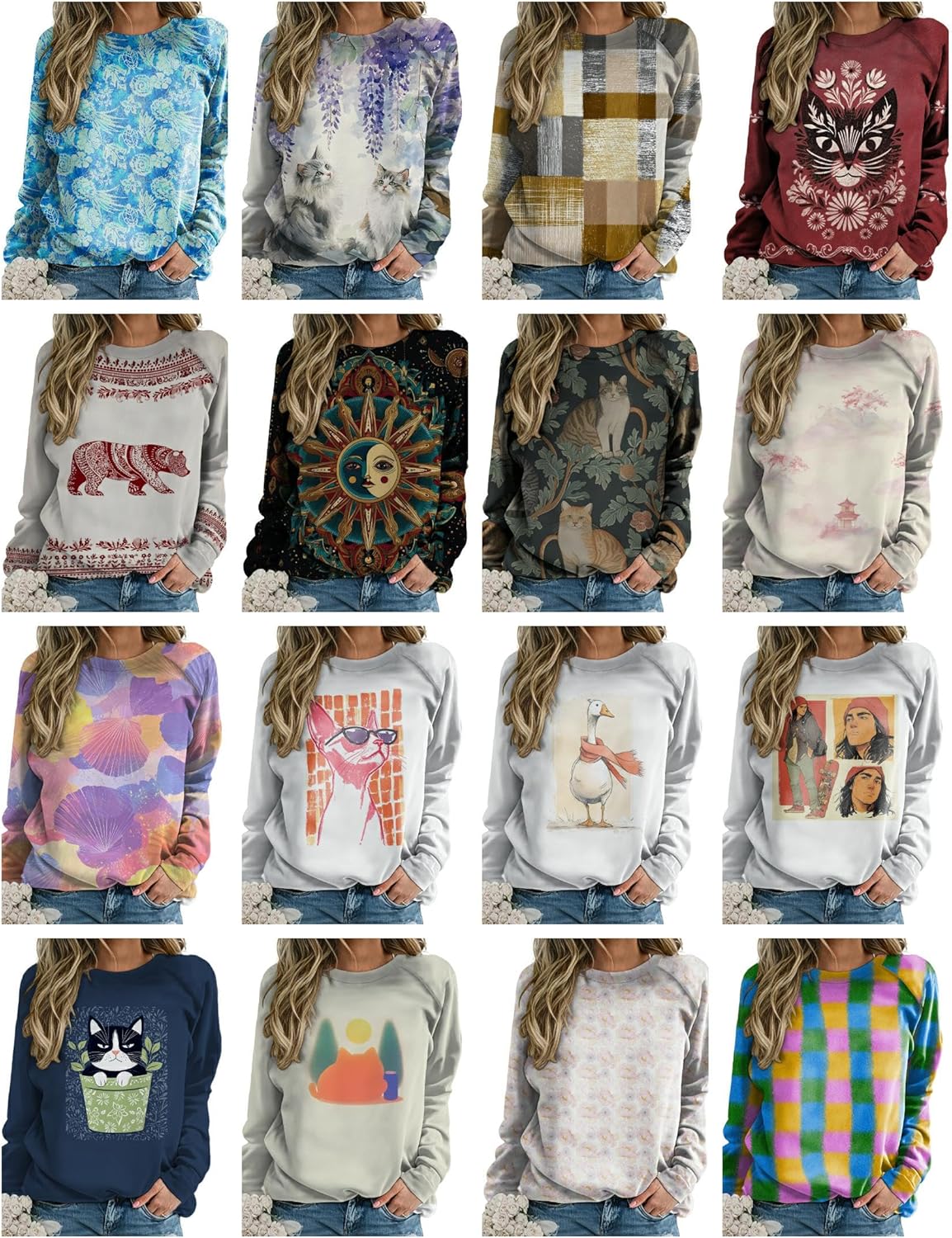 Womens Tops Vintage Soft Casual Boho Tribal Print Crewneck Long Sleeve Oversized Fall Vacation Daily Outfits - Image 4