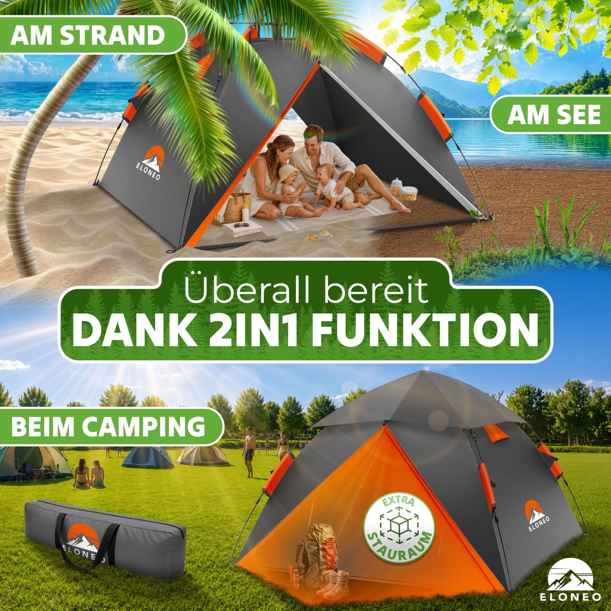 ELONEO Wurfzelt - extra wasserdicht & stabil, schneller Auf- & Abbau in 45 Sekunden | Wurfzelt 4 Personen wasserdicht | Wurfzelt 3 Personen | Wurfzelt 2 Personen, Pop Up Zelt 2 Personen | Camping Zelt