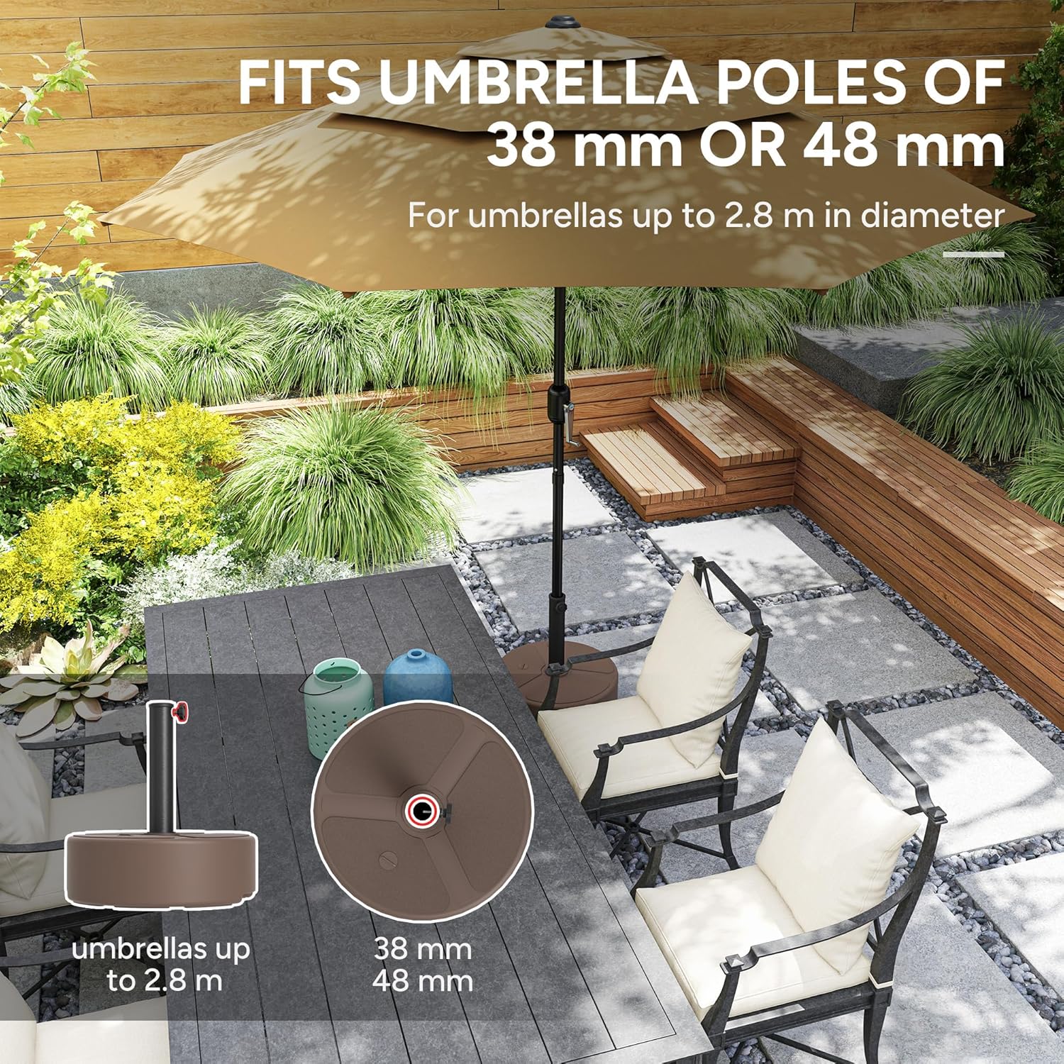 Outsunny Round Patio Umbrella Base Holder, Heavy Duty Outdoor Umbrella Stand Base, Filled Up to 44lbs with Stand or 40lbs with Water for Garden, Poolside, Brown