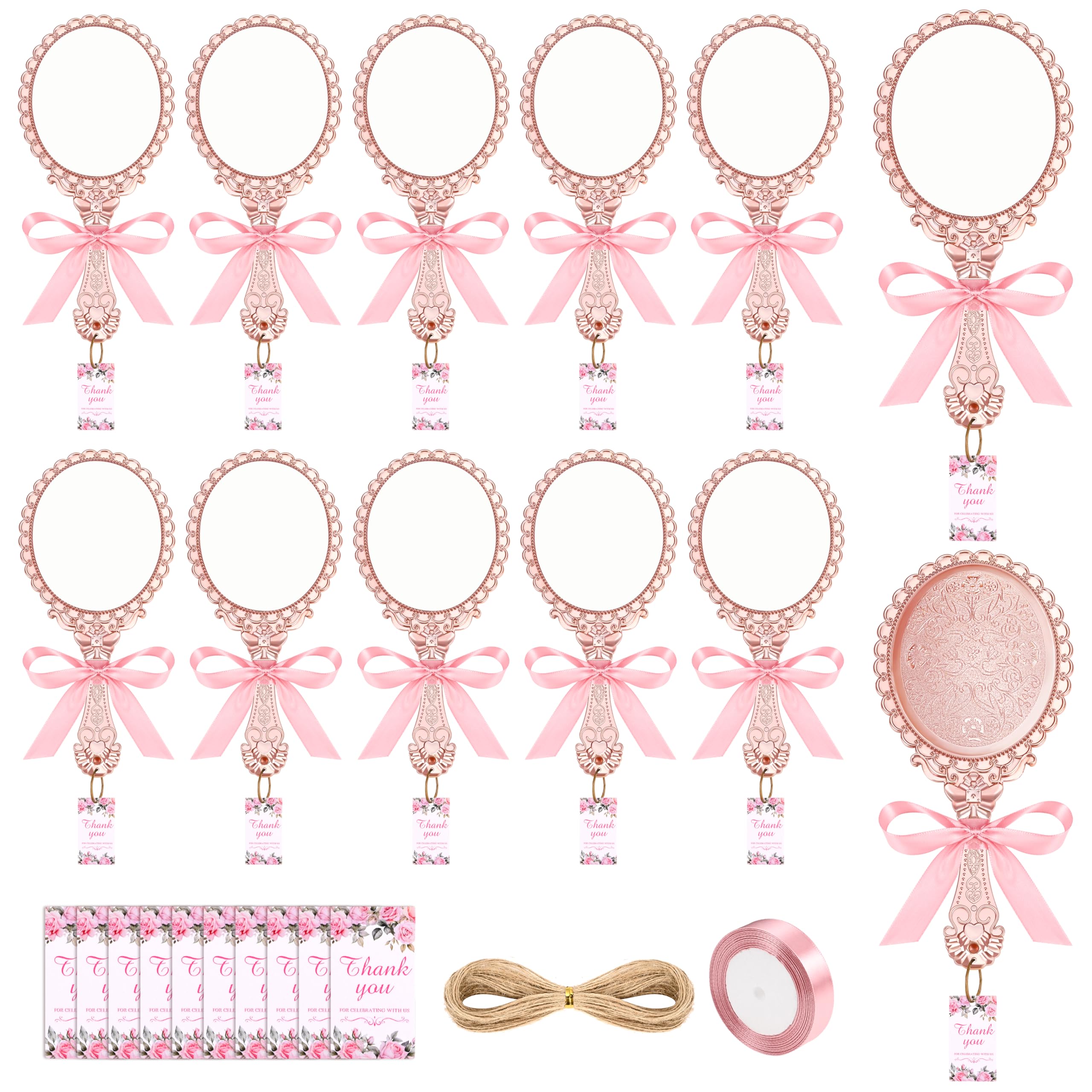 IWOLOMI 12 Set Vintage Handheld Mirror with Handle, Embossed Flower Portable Princess Mirror with Ribbon and Thank You Tags Compact Hand Travel Mirror for Wedding Classroom Kids Princess Party Favors
