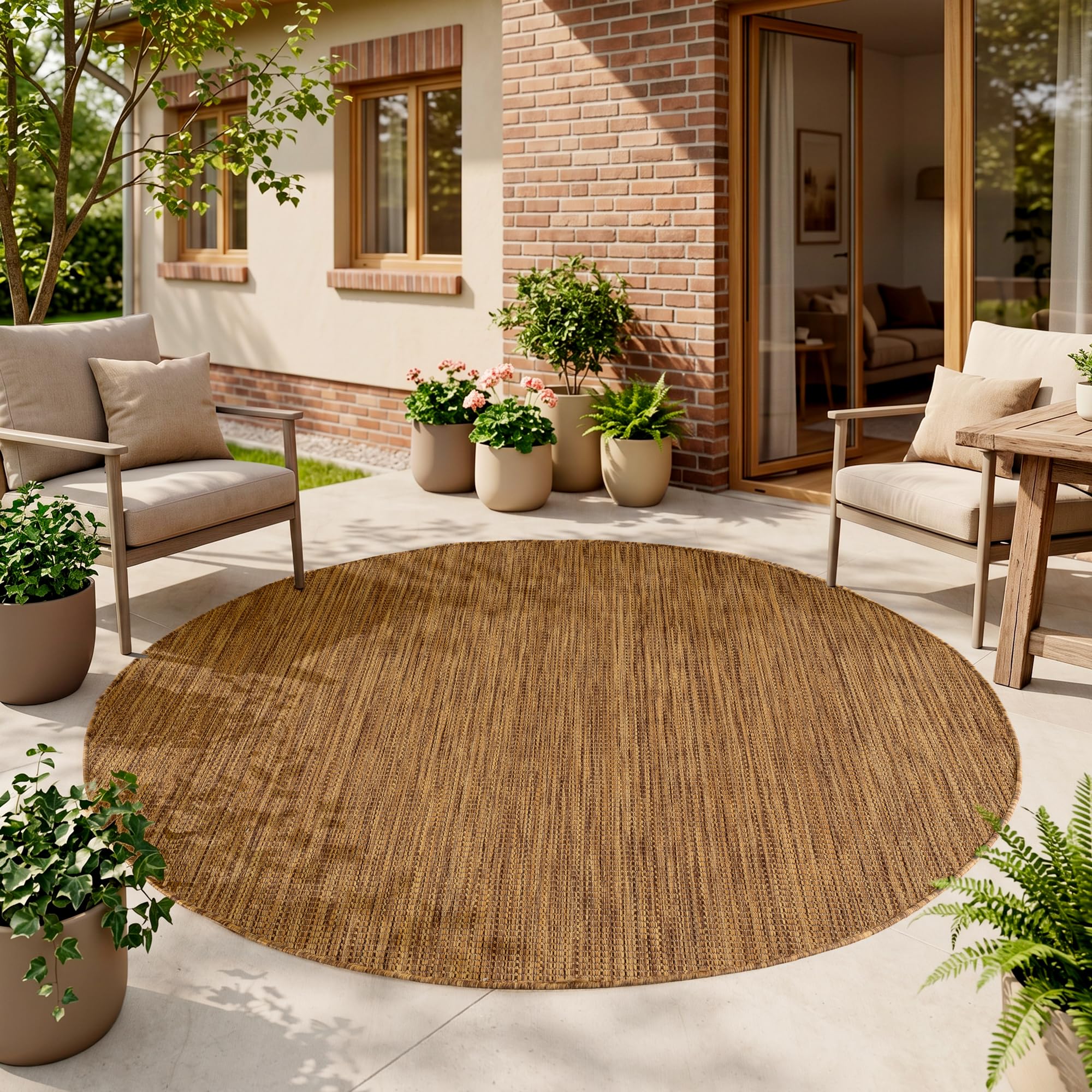 HomebyHome Outdoor Teppich Beige Balkon Terrasse Garten Wetterfest UV-beständig Teppich Einfarbig Flachgewebe Pflegeleicht Robust Modern